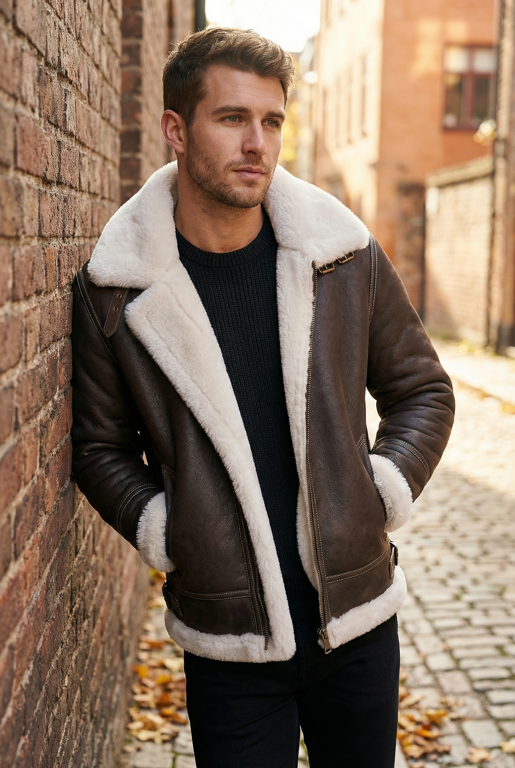Classic Sheepskin B-3 Bomber Jacket Dark Brown White