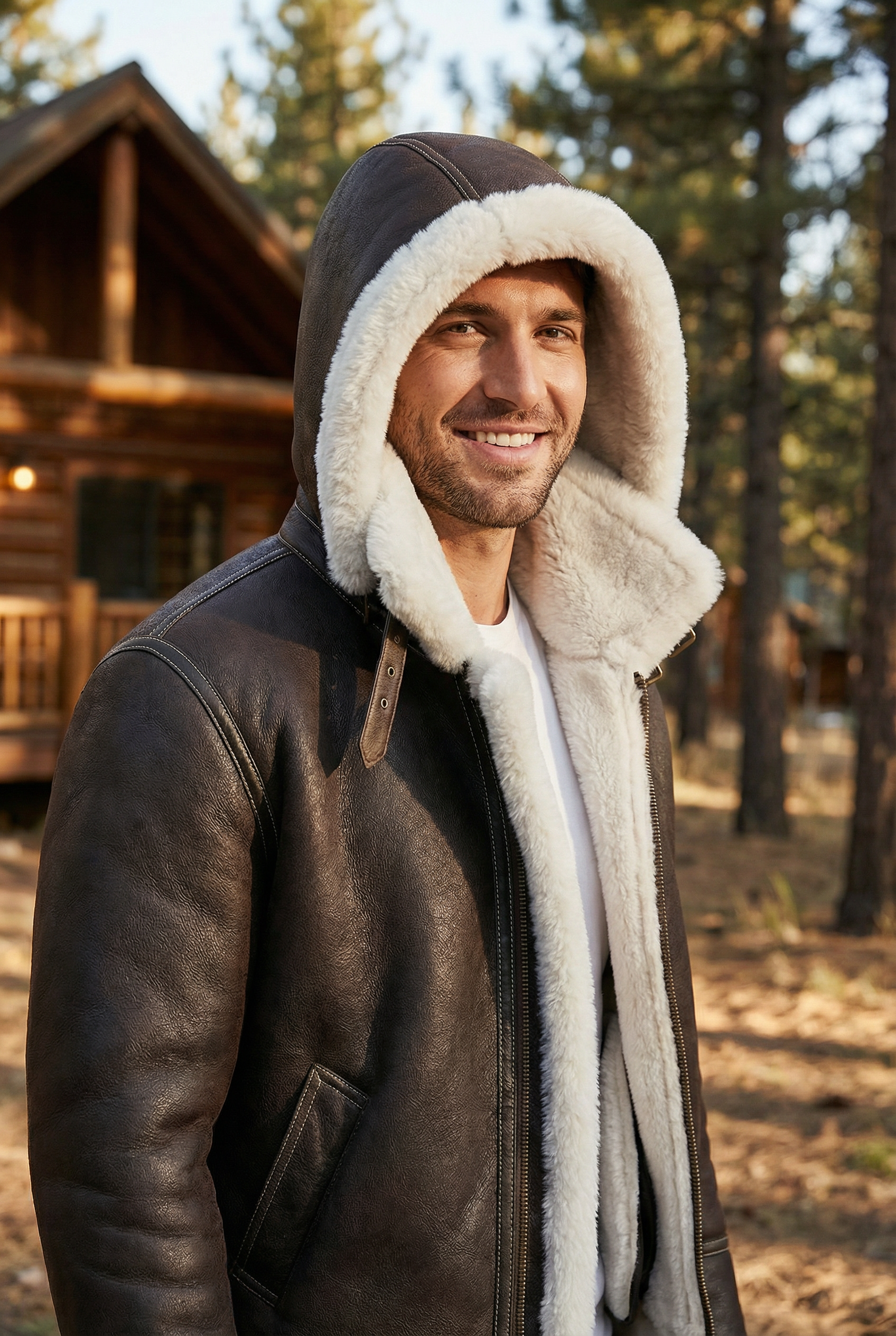 Classic Sheepskin B-3 Bomber Jacket Dark Brown White