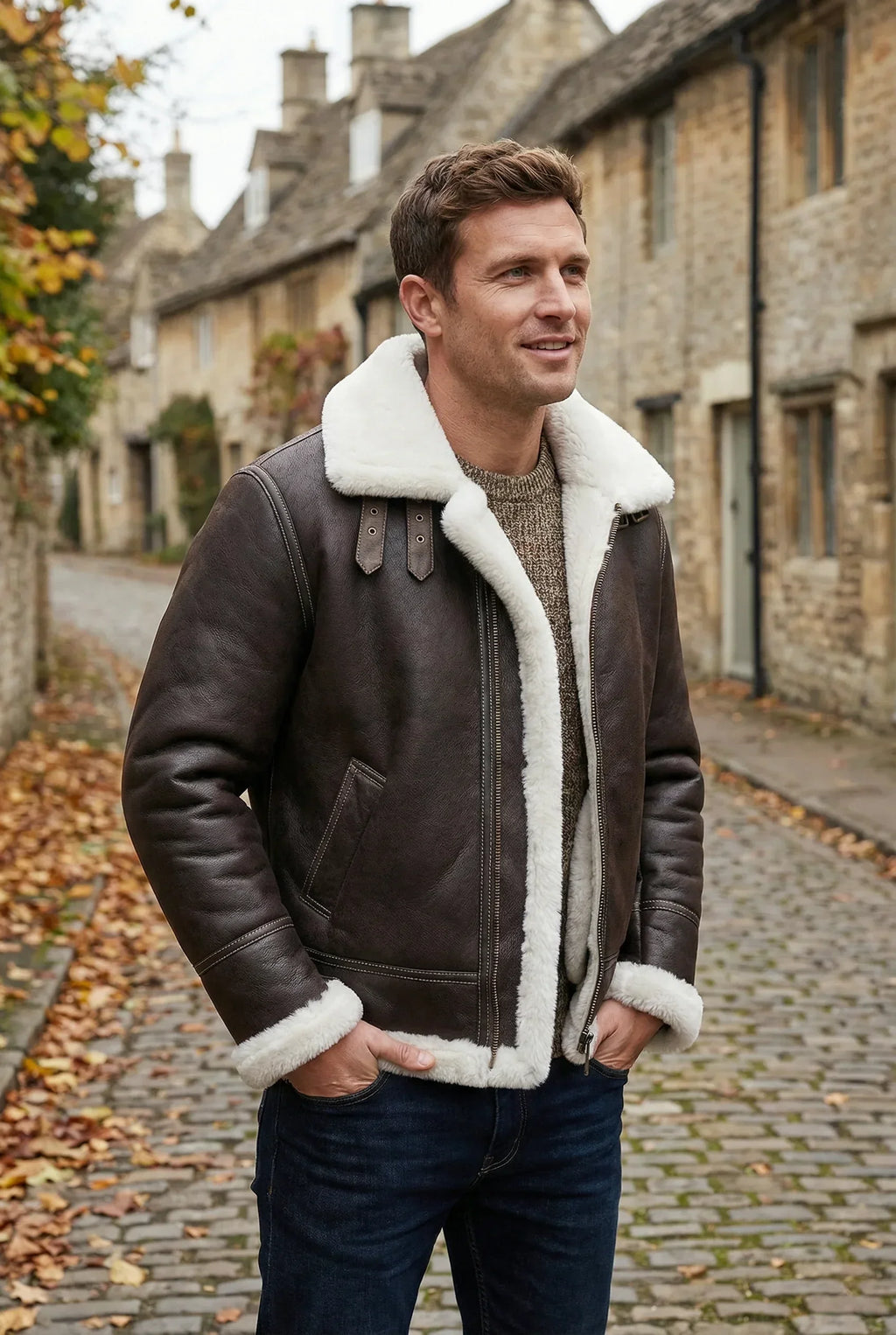 American male model wearing a Shearlord dark brown B-3 bomber jacket with white sheepskin lining, showcasing its classic style.