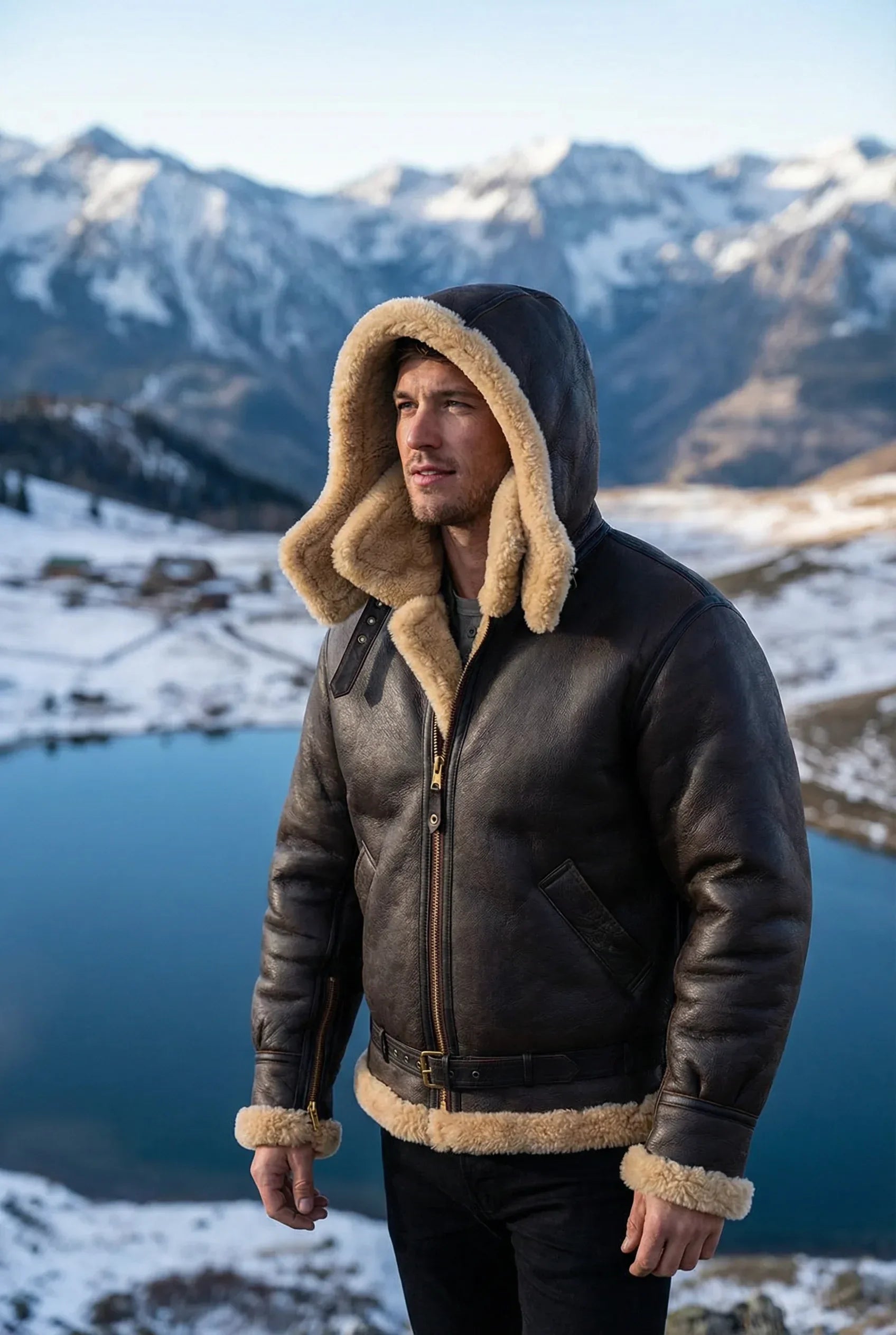 Brown and cream R.A.F Sheepskin bomber jacket by Shearlord on male model in a mountain landscape with a detachable hood.