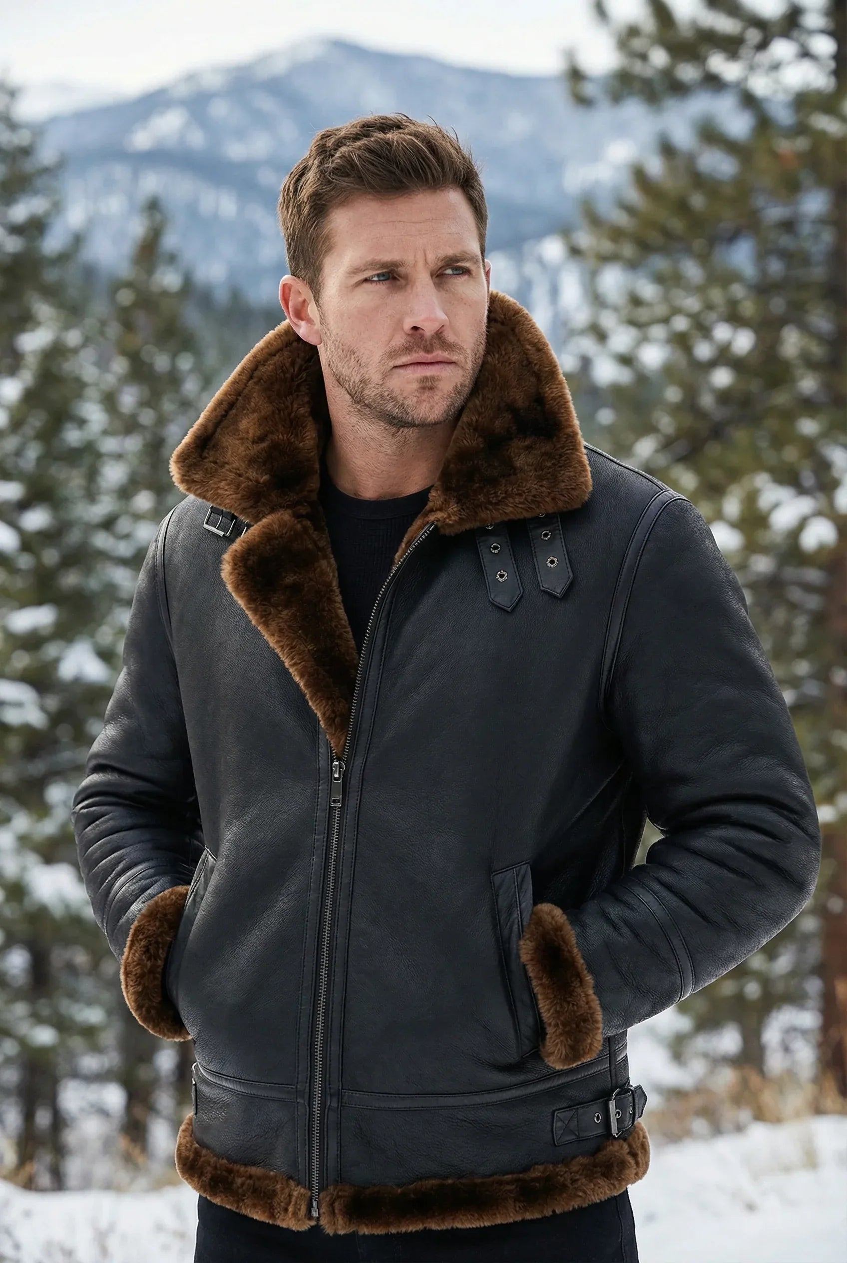Black Ginger Shearlord B-3 Bomber Jacket on male model in a scenic outdoor setting, showcasing its shearling design.