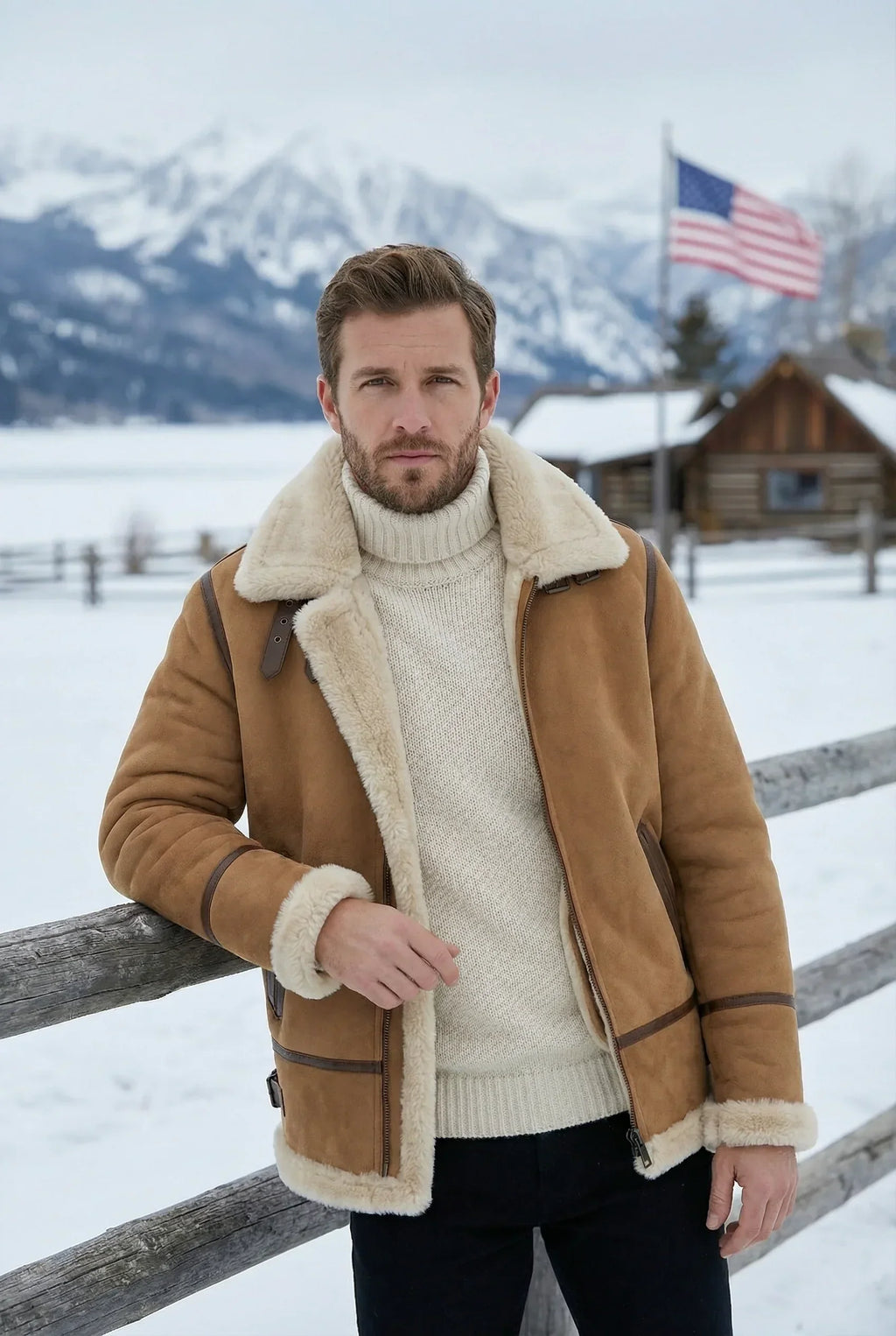 Shearlord B-3 Bomber Jacket in whiskey cream worn by model in a wintery mountain landscape with soft focus background.