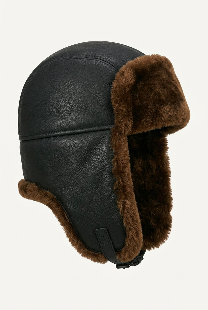 Black Montana Shearlord sheepskin leather pilot hat with classic bomber style and warm, plush lining.