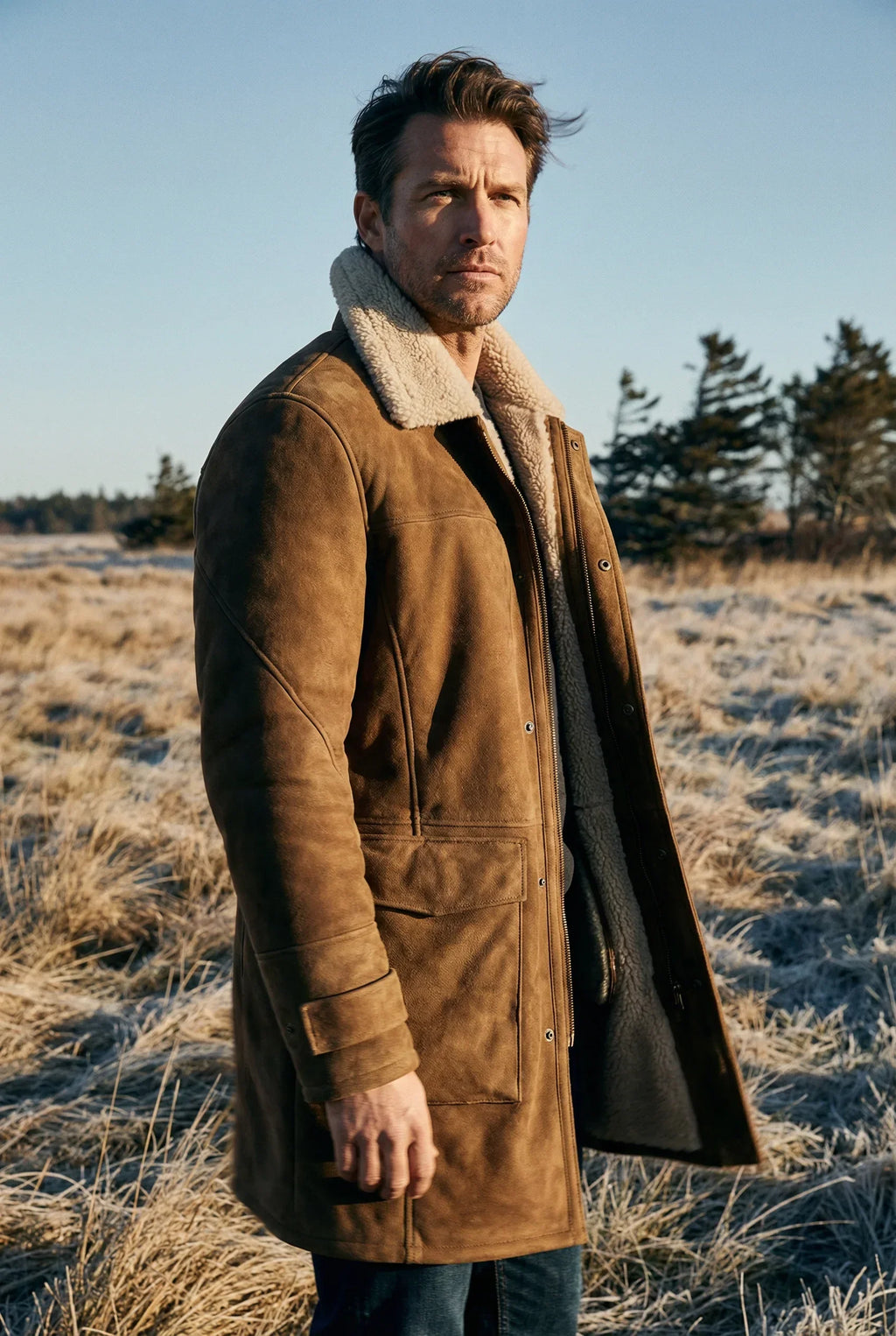 Rich American male model wearing a Shearlord High Country 3/4 long coat in whiskey brown and cream in a cold outdoor field.