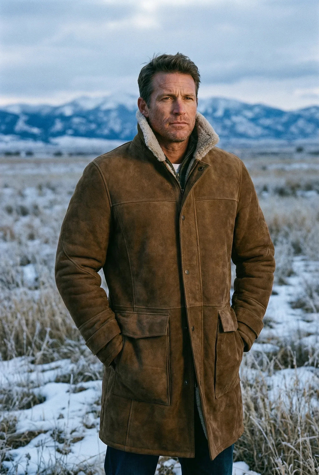 Rich American male model wearing Shearlord High Country sheepskin 3/4 long coat in whiskey brown and cream outdoors.