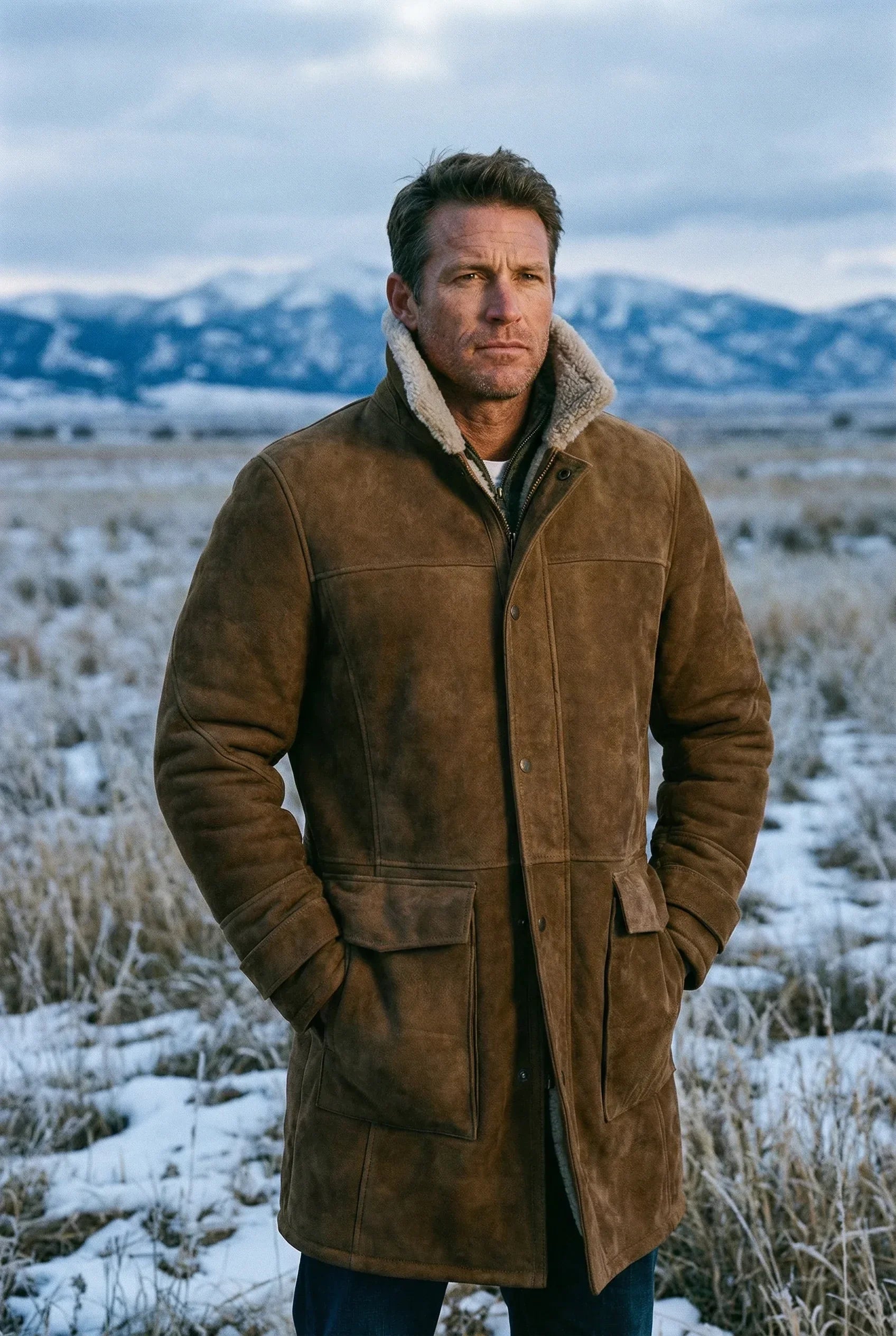 Rich American male model wearing Shearlord High Country sheepskin 3/4 long coat in whiskey brown and cream outdoors.