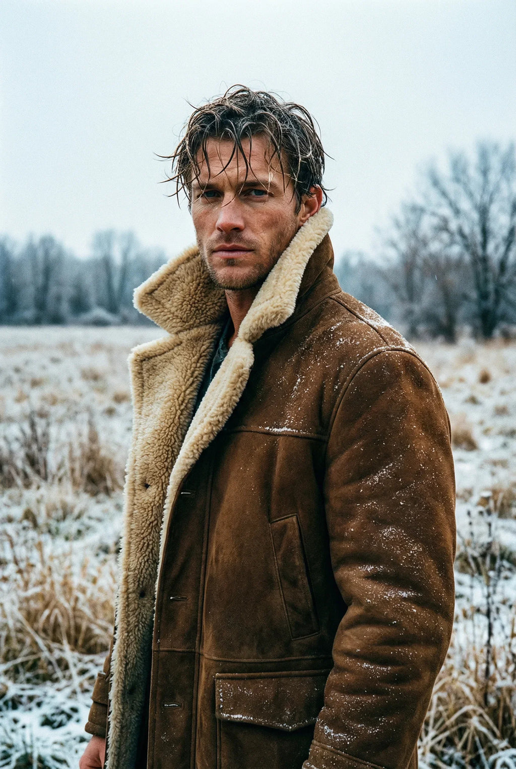 Rich American male model wearing Shearlord High Country sheepskin 3/4 long coat in whiskey brown and cream outdoors.