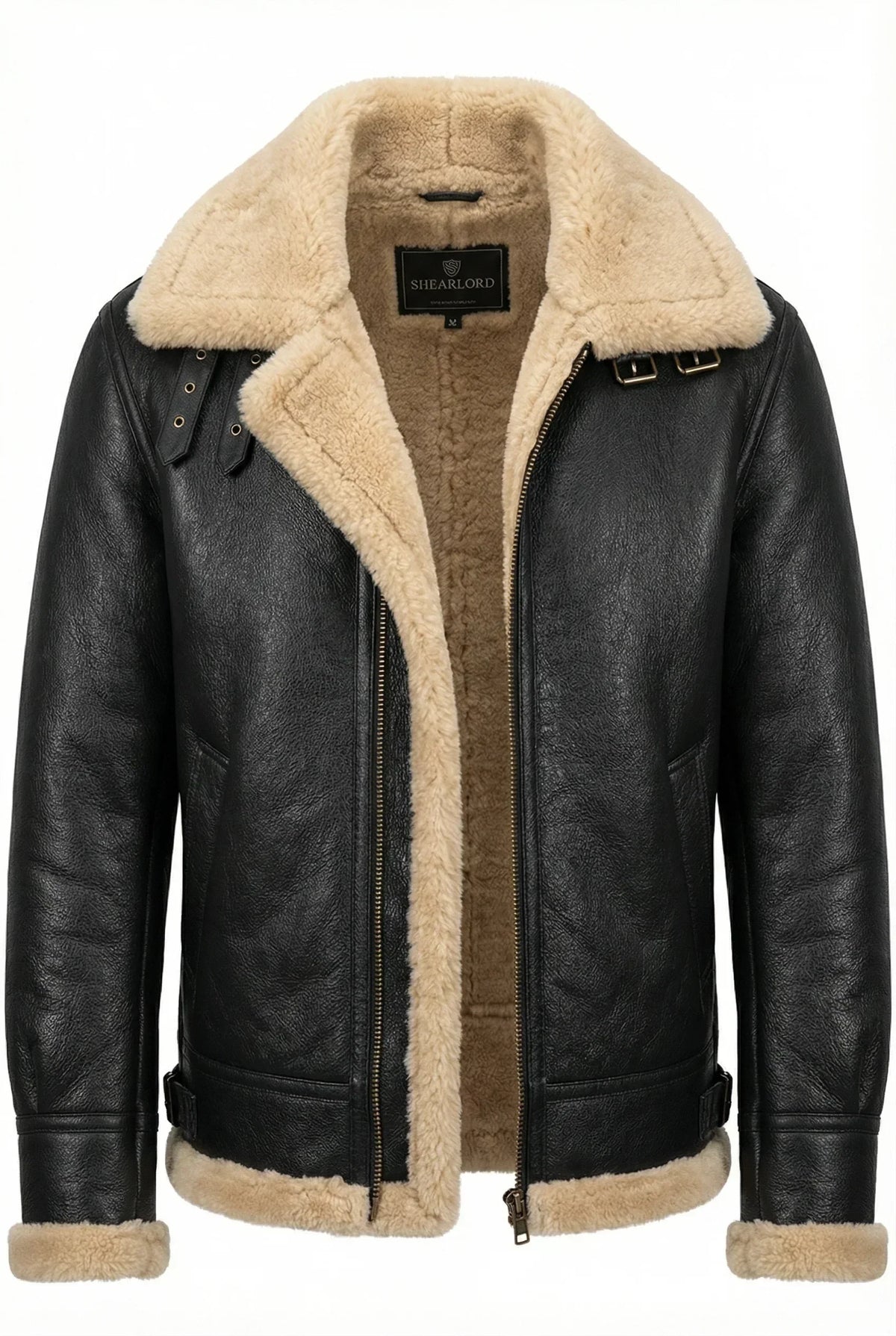 Black shearling B3 bomber jacket by Shearlord, featuring a cream collar, displayed against a white background.