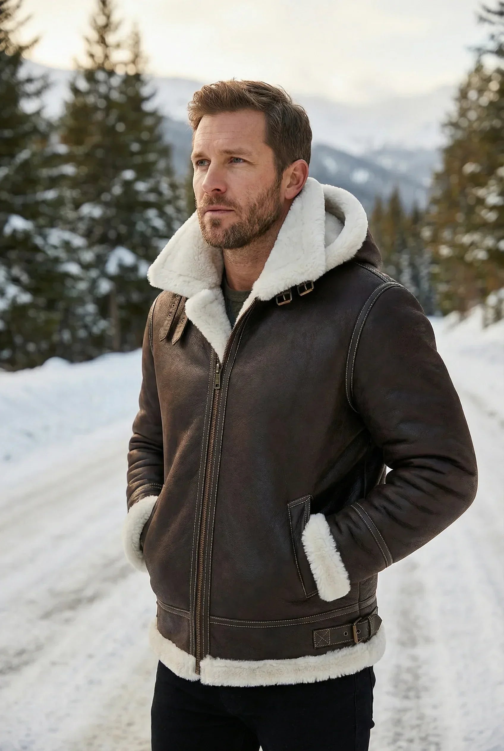 Rugged American male model wearing a dark brown Shearlord Classic Sheepskin B-3 Bomber Jacket in winter setting.