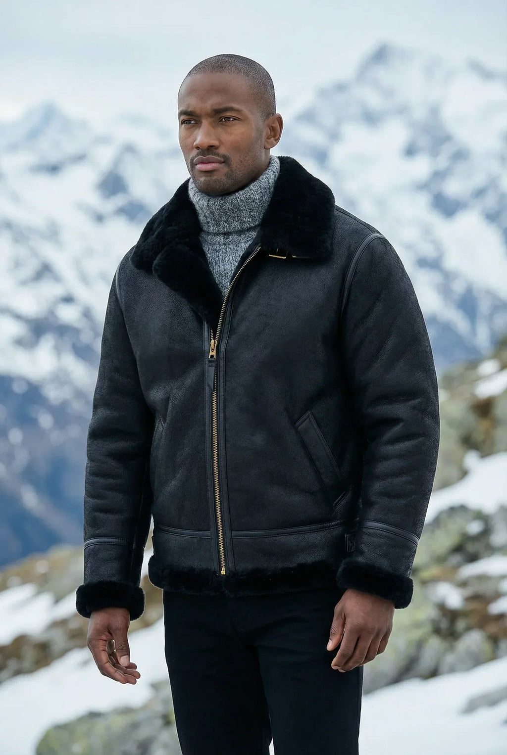 Athletic male model wearing a black Shearlord Classic Sheepskin B-3 Bomber Jacket outdoors, showcasing rugged style.