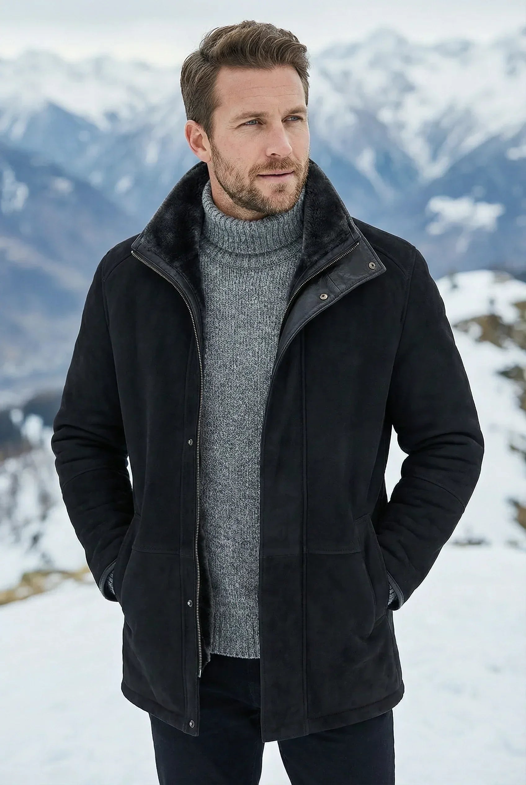 Athletic male model wearing a black Shearlord Lucas Sheepskin shearling coat outdoors, showcasing premium outerwear style.