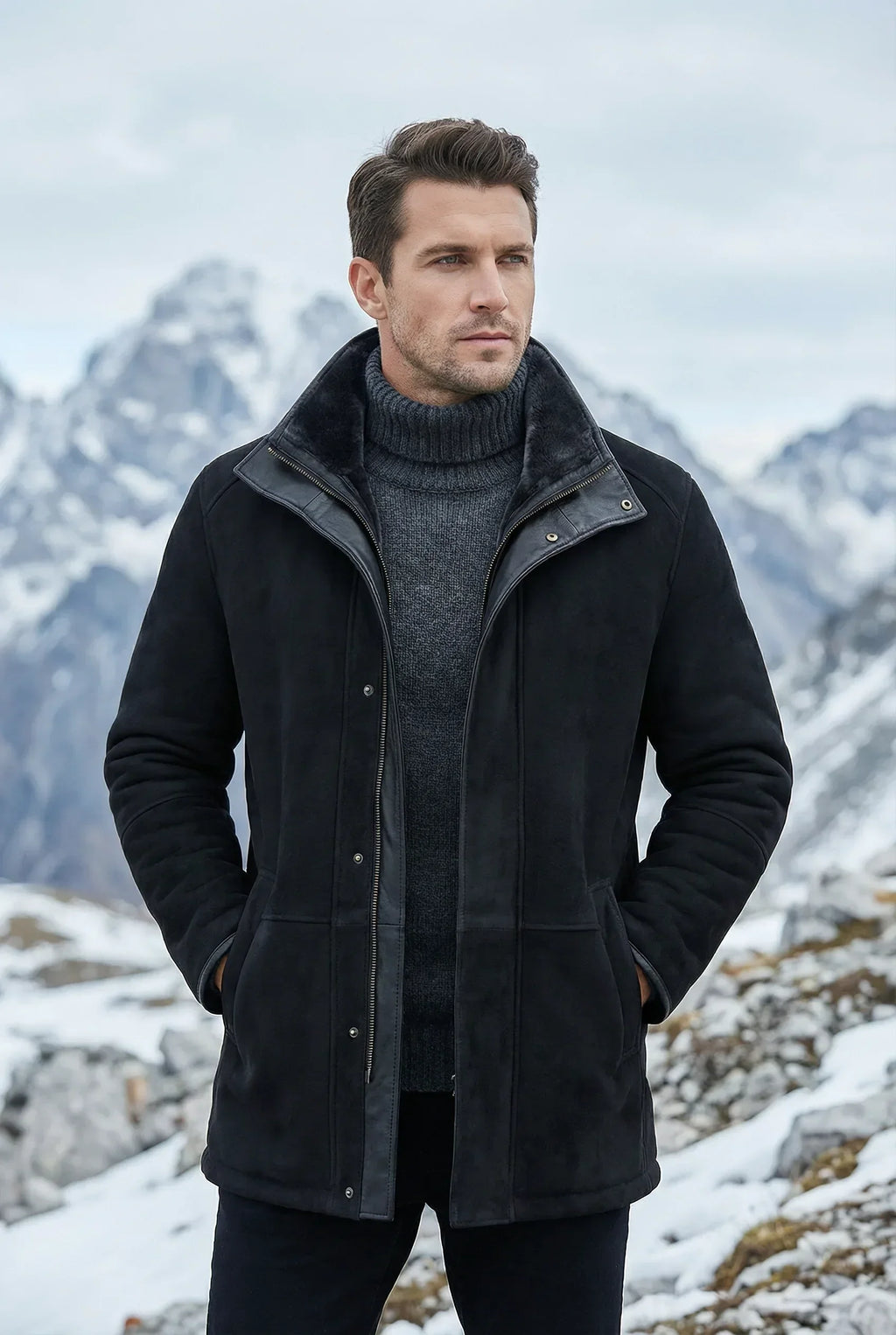 Black Shearlord Lucas shearling coat worn by an athletic male model in an outdoor setting.