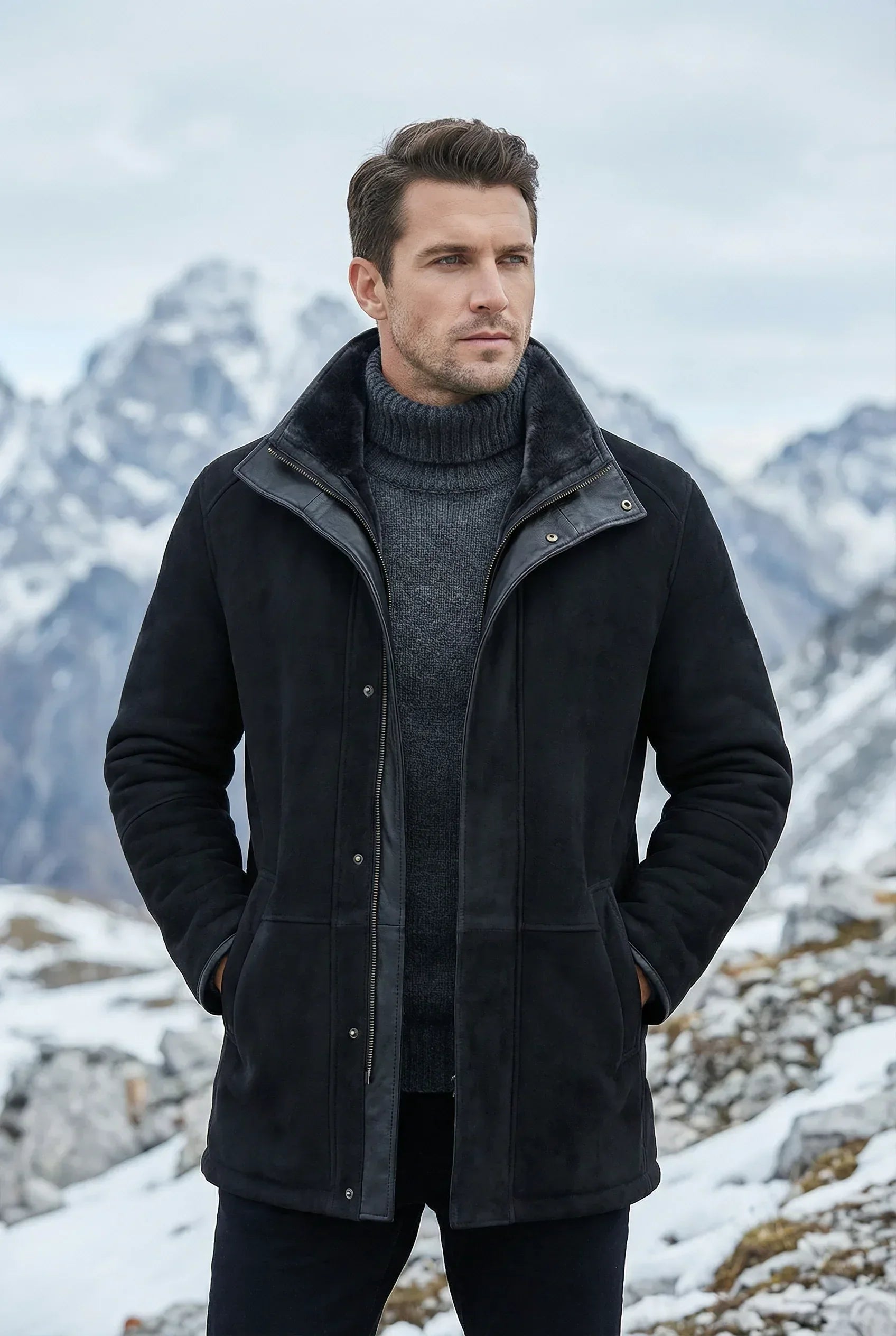 Black Shearlord Lucas shearling coat worn by an athletic male model in an outdoor setting.