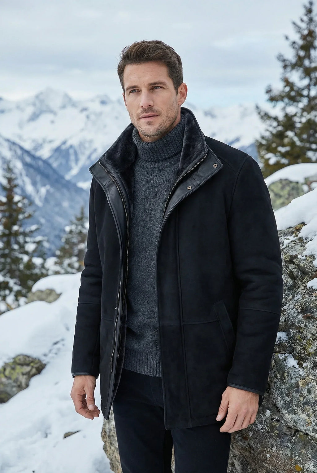 Athletic man wearing a black Shearlord Lucas sheepskin shearling coat in an outdoor lifestyle setting.