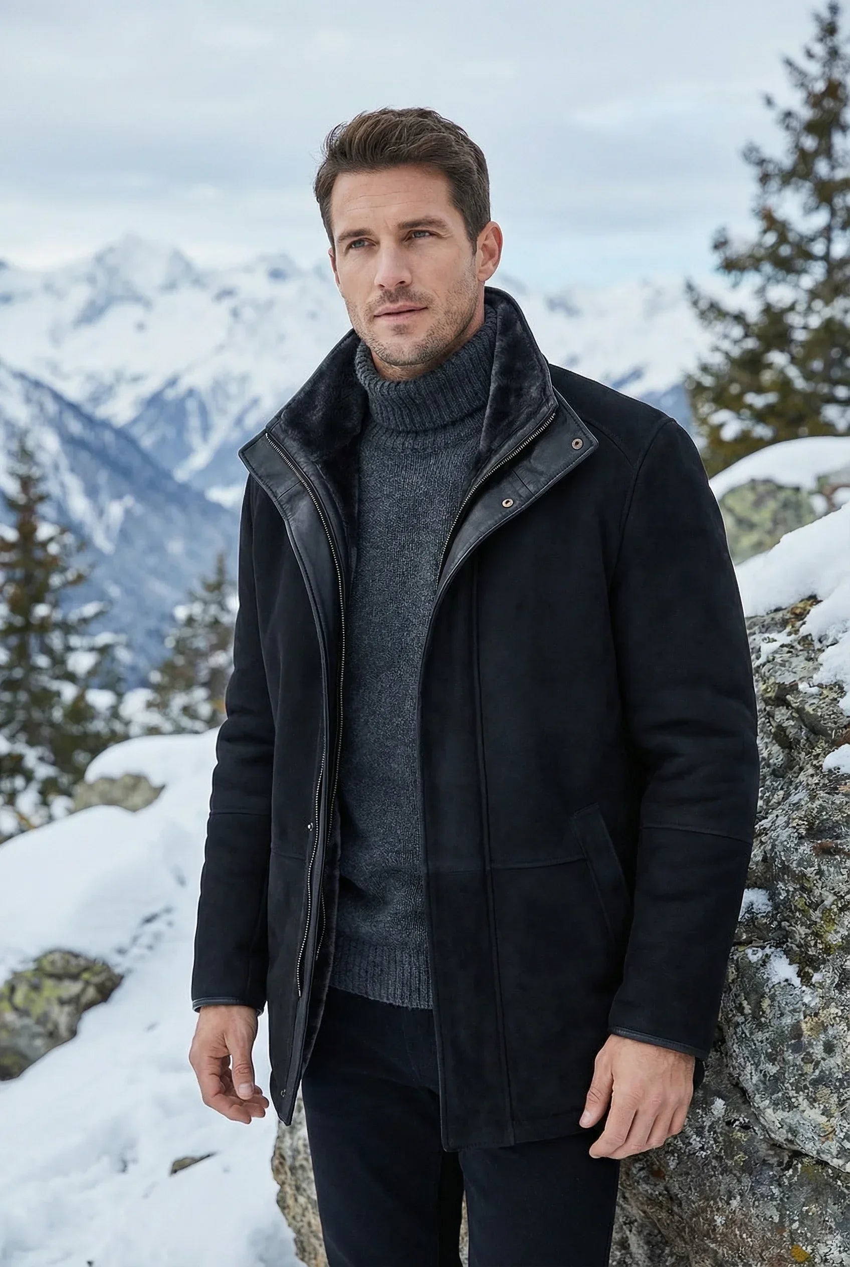 Athletic man wearing a black Shearlord Lucas sheepskin shearling coat in an outdoor lifestyle setting.