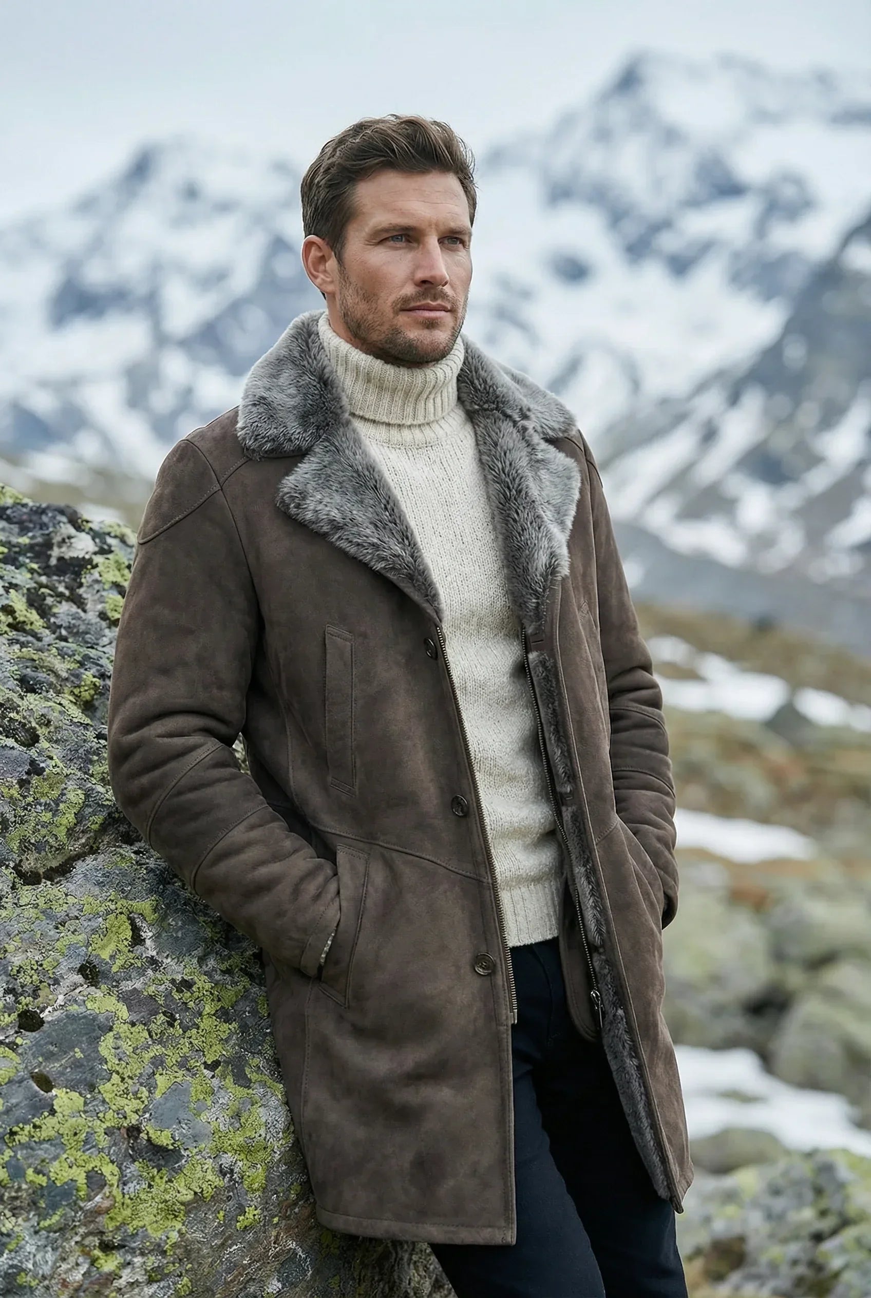 Athletic male model wearing Shearlord Toscana Sheepskin shearling coat in an outdoor lifestyle setting.