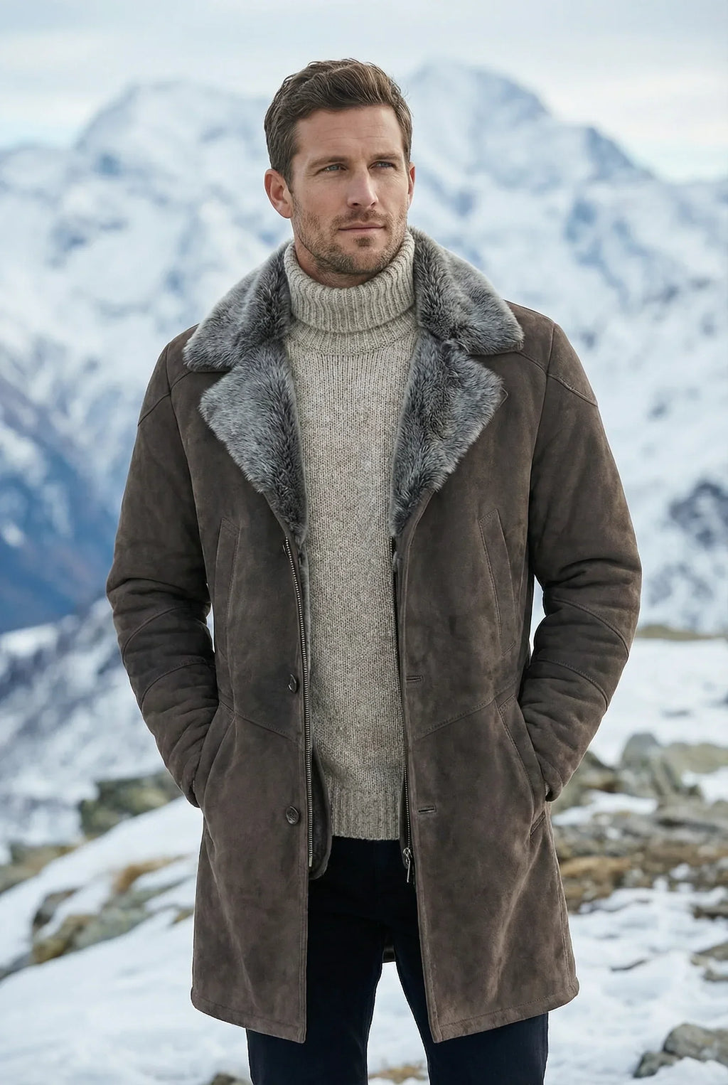 Athletic male model wearing Shearlord Toscana Sheepskin shearling coat in an outdoor lifestyle setting.