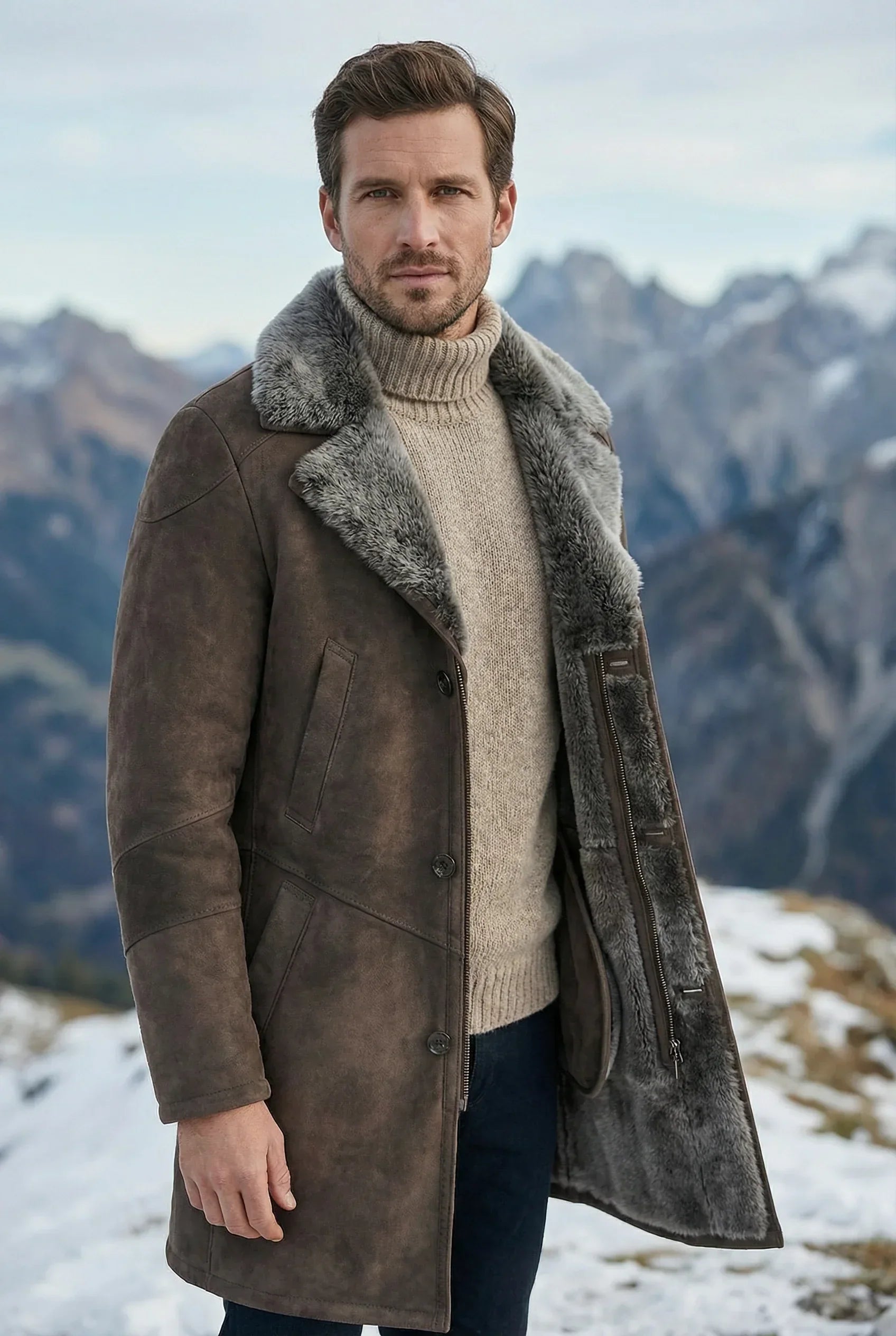 Athletic male model wearing Shearlord Toscana sheepskin shearling coat in a natural outdoor setting.