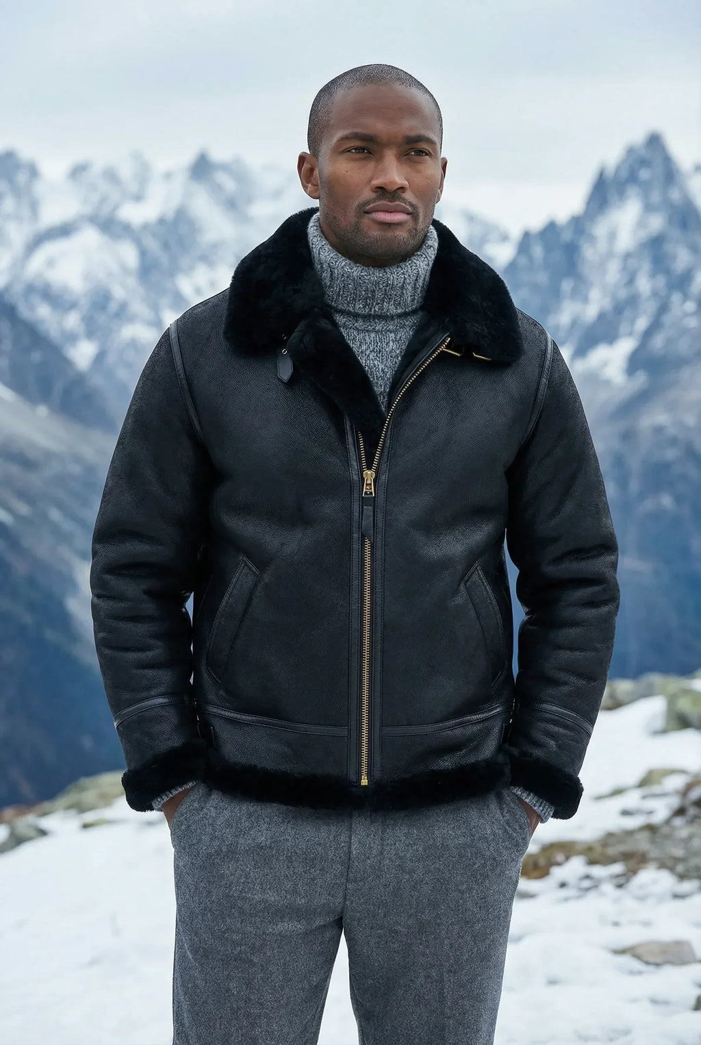 Athletic male model wearing a black Shearlord Classic Sheepskin B-3 Bomber Jacket outdoors in a rugged lifestyle setting.