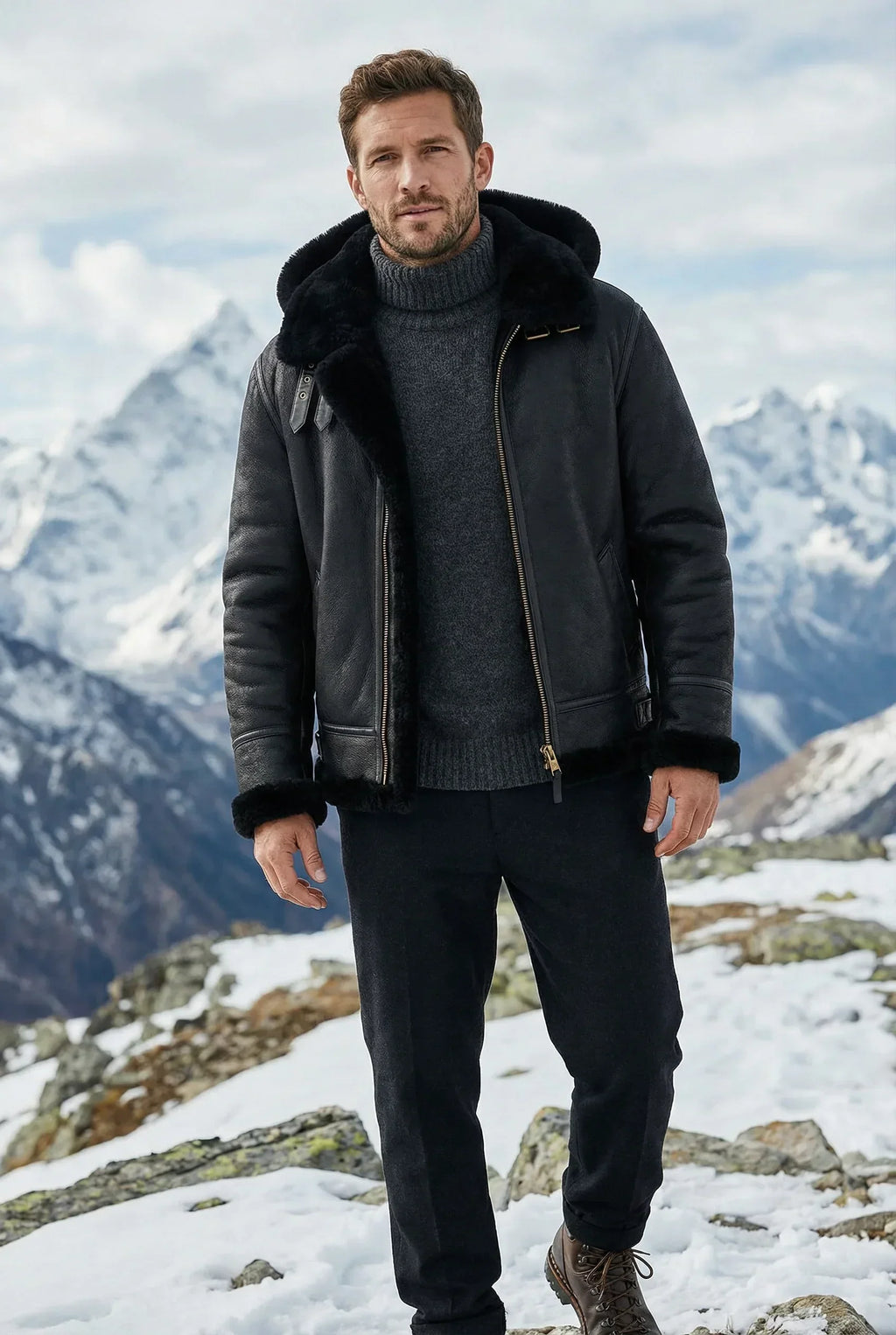 Athletic man wearing a black Shearlord Classic Sheepskin B-3 Bomber Jacket in an outdoor lifestyle setting.