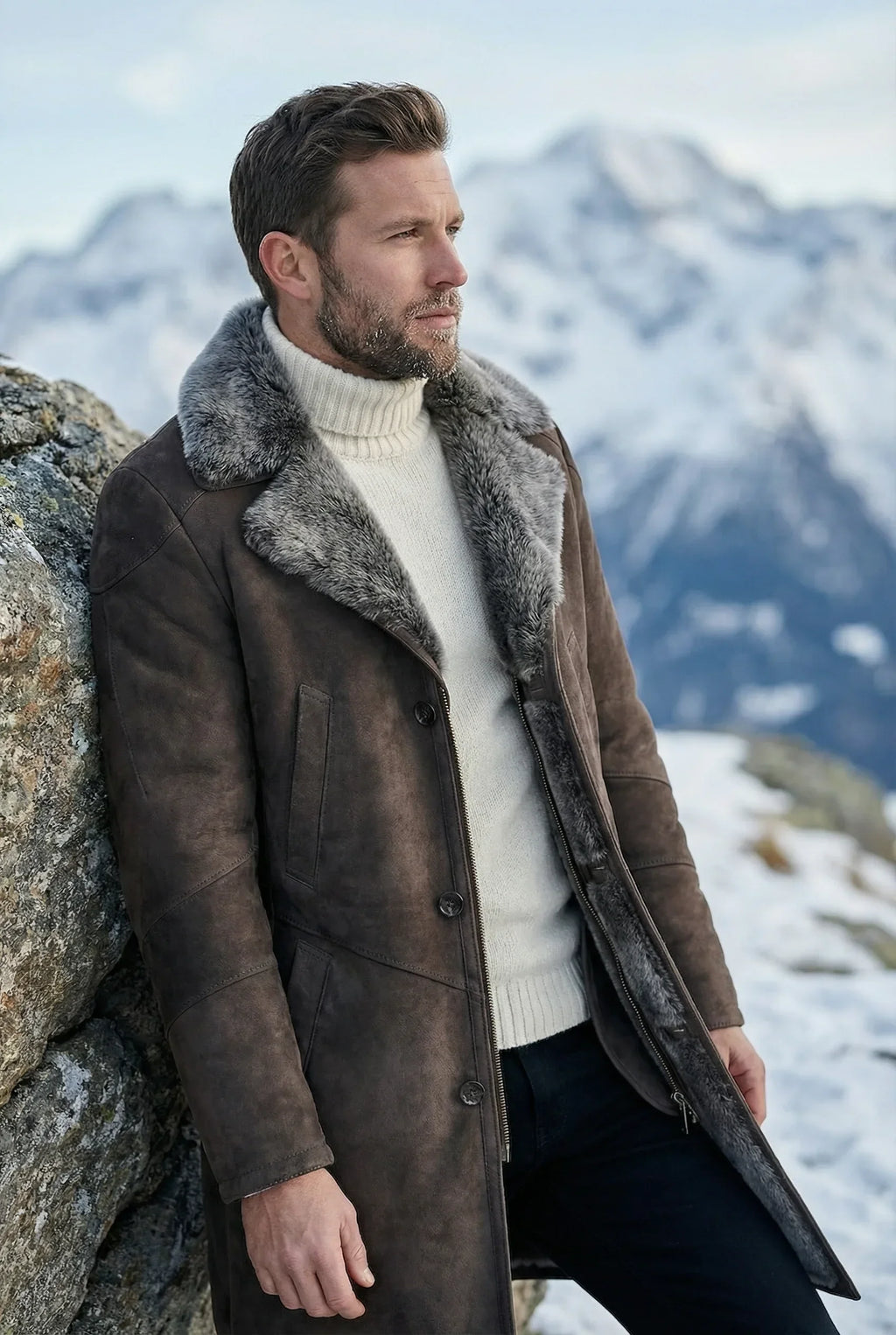 Athletic male model wearing Shearlord Toscana shearling coat in an outdoor lifestyle setting, showcasing premium outerwear.