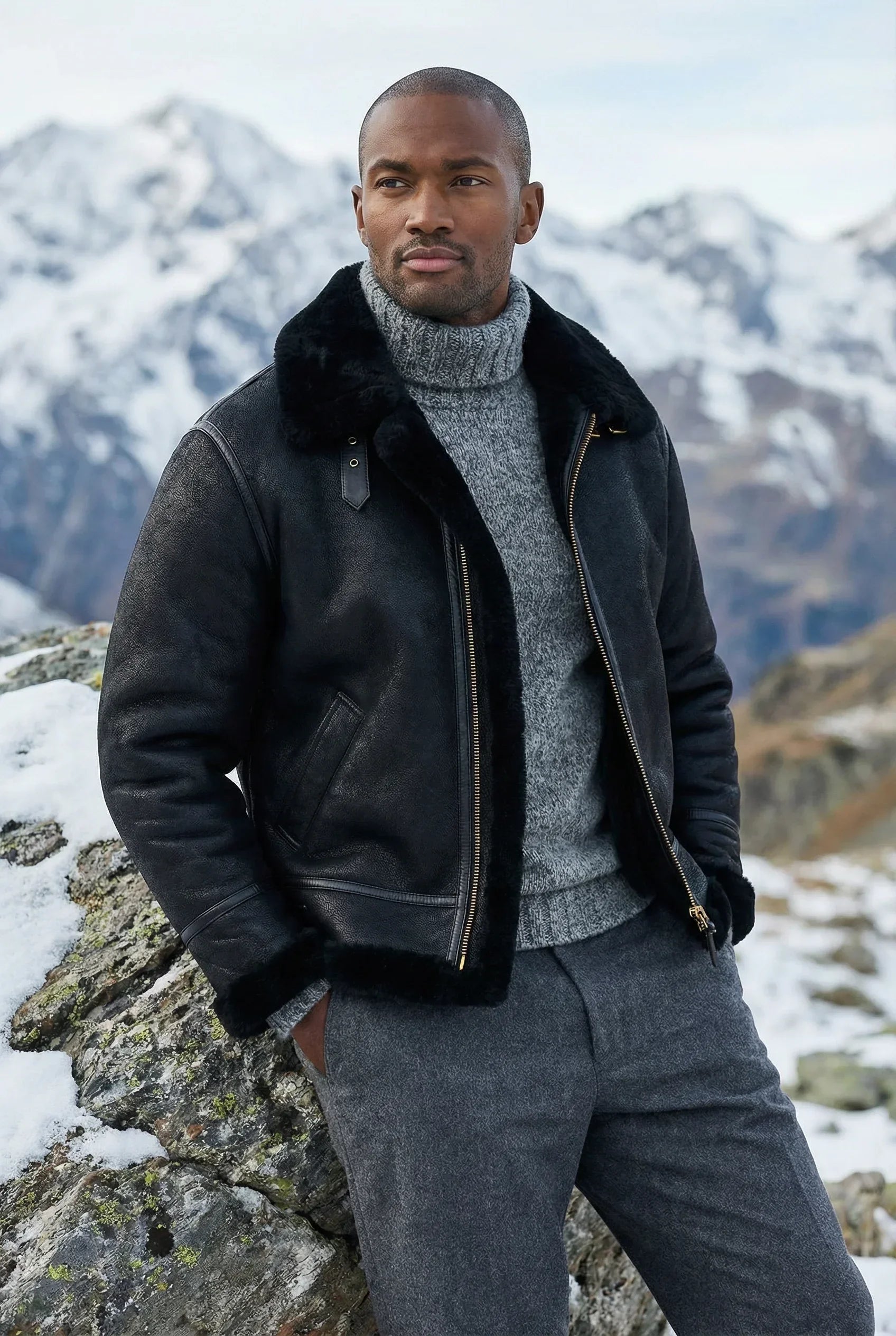 Athletic male model wearing Shearlord Classic Sheepskin B-3 Bomber Jacket in black, outdoors against a natural backdrop.