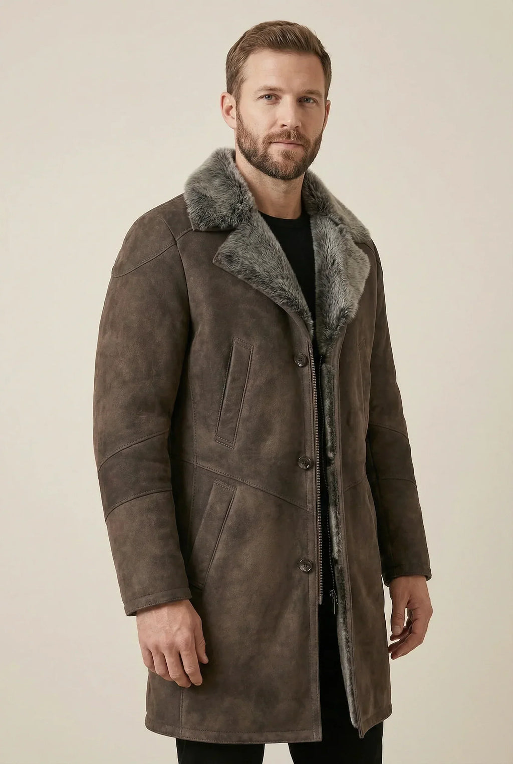 Shearlord Toscana sheepskin shearling coat displayed in a soft neutral studio background with a matte finish.