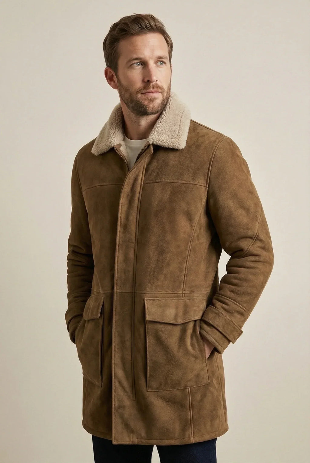 Shearlord High Country 3/4 Long Coat in whiskey brown and cream, displayed against a neutral soft background.