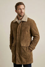Shearlord High Country 3/4 Long Coat in whiskey brown and cream, displayed against a neutral soft background.