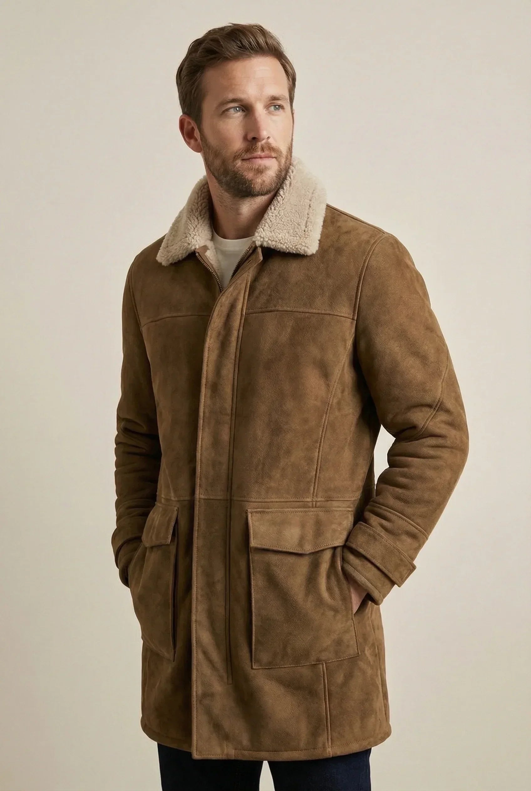 Shearlord High Country 3/4 Long Coat in whiskey brown and cream, displayed against a neutral soft background.