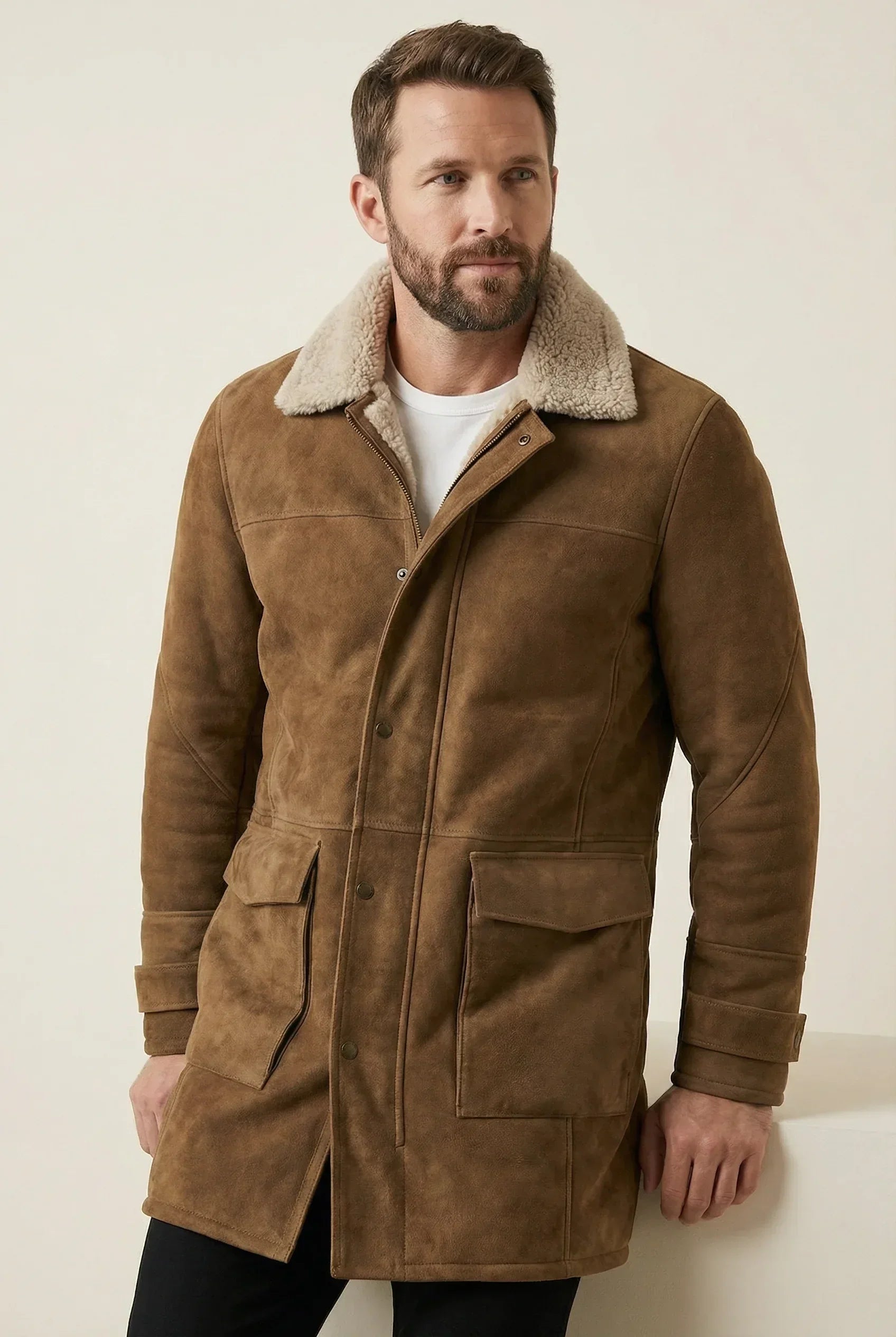 Shearlord High Country 3/4 Long Coat in whiskey brown and cream against a soft neutral background.