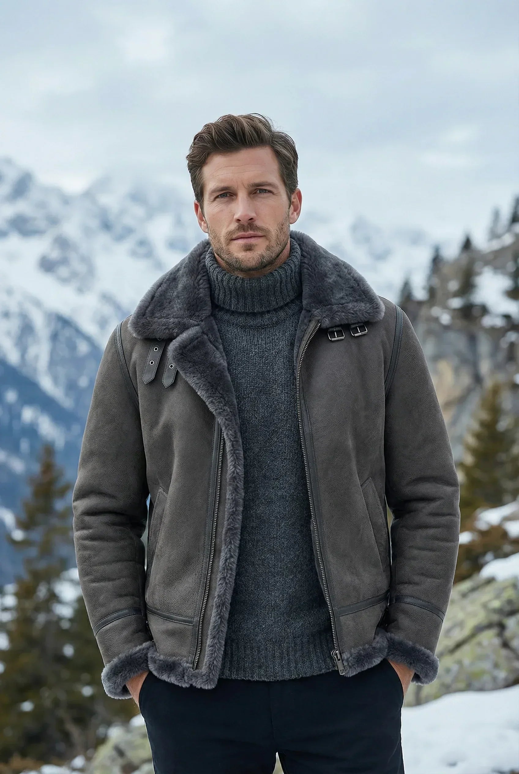 Athletic male model wearing Shearlord Classic Grey Edition Sheepskin B-3 Bomber Jacket in an outdoor setting.