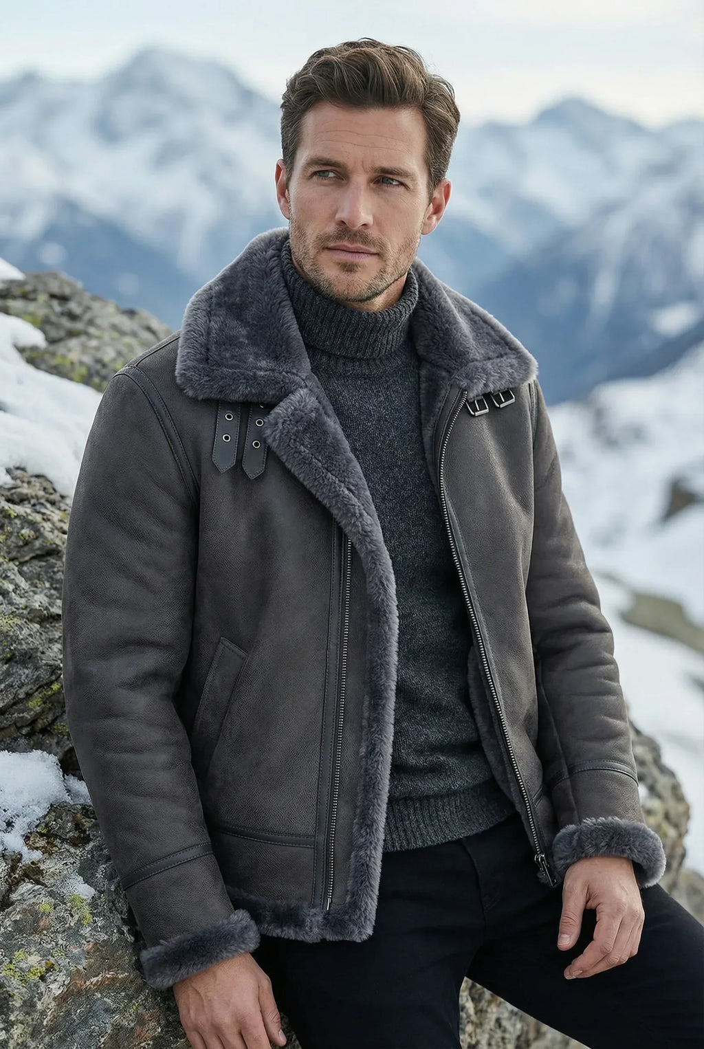 Athletic male model wearing Shearlord Classic Grey B-3 Bomber Jacket in an outdoor lifestyle setting.