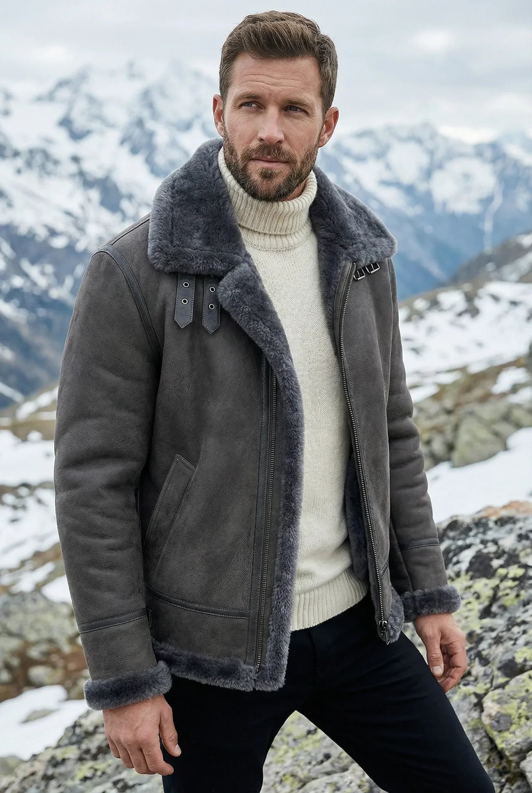 Athletic male model wearing Shearlord Classic Grey Edition Sheepskin B-3 Bomber Jacket in an outdoor setting.