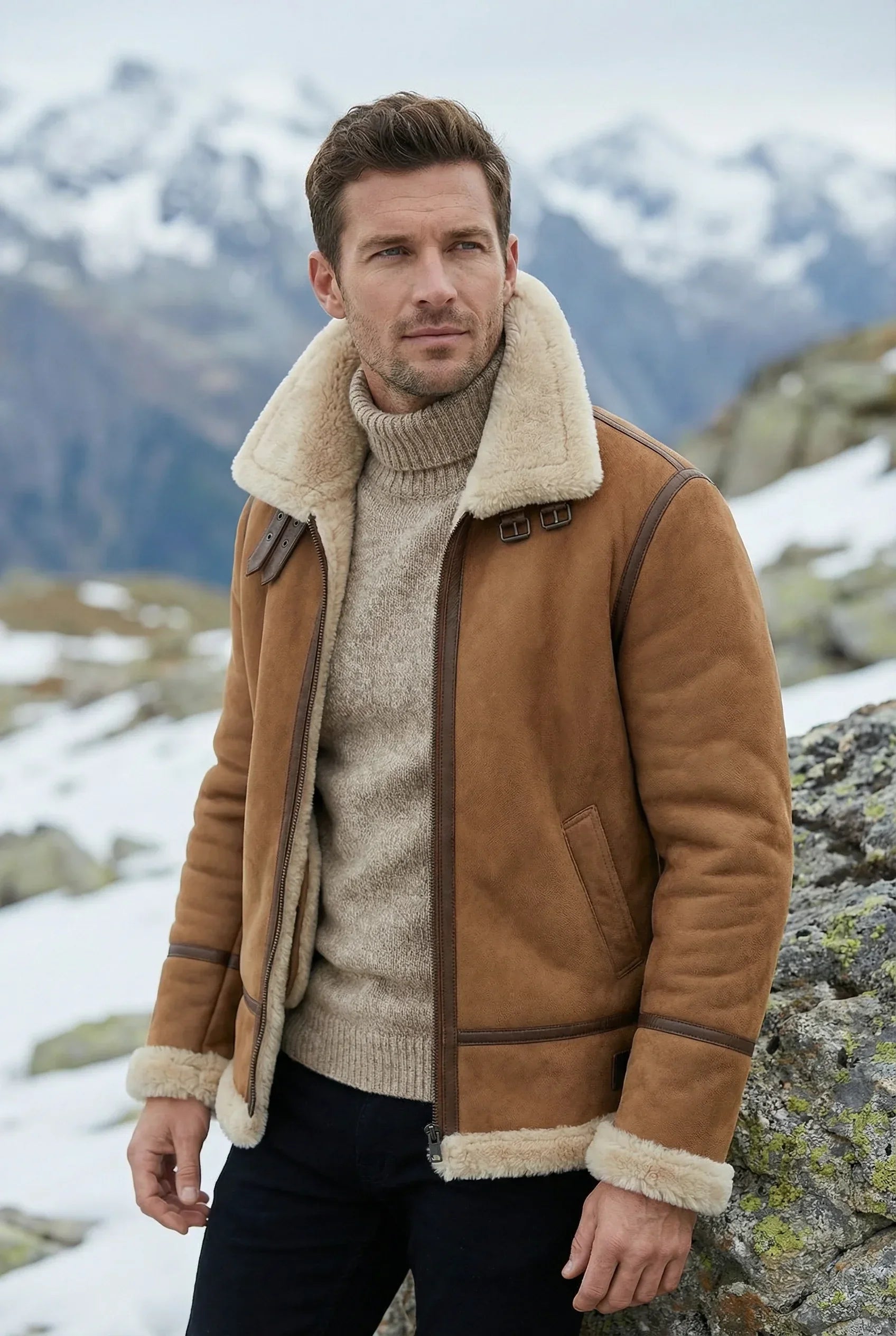 Athletic male model in a whiskey cream Shearlord B-3 Bomber Jacket, showcasing shearling outerwear in an outdoor setting.
