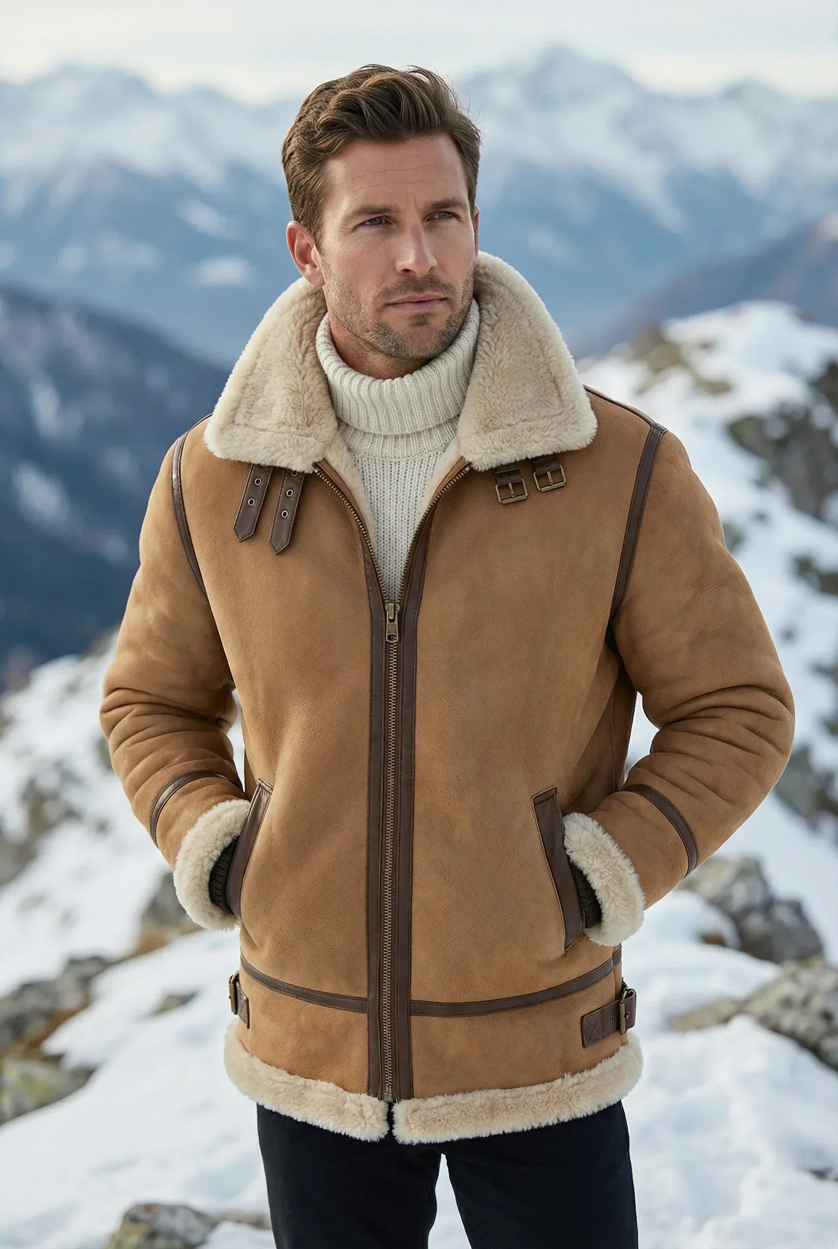 Shearlord whiskey cream B-3 bomber jacket on a 31-year-old male model in an outdoor lifestyle setting.