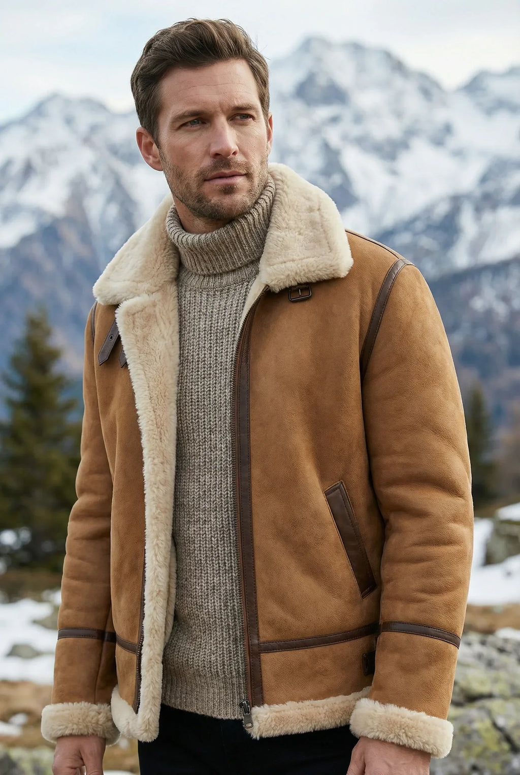 Shearlord whiskey cream B-3 Bomber Jacket worn by a 31-year-old male model in an outdoor lifestyle setting.