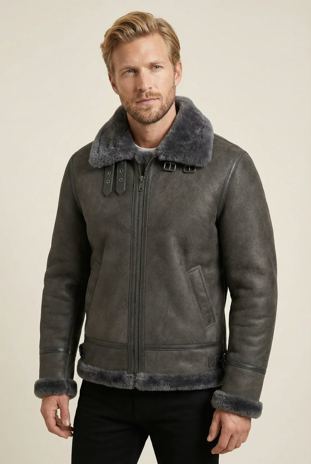 Shearlord Classic Grey Edition Sheepskin B-3 Bomber Jacket displayed on a neutral backdrop with soft lighting.