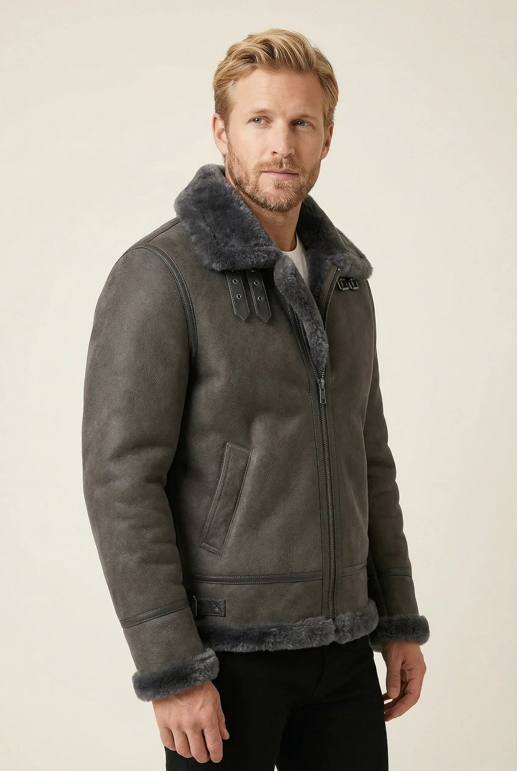 Shearlord Classic Grey Edition Sheepskin B-3 Bomber Jacket displayed on a soft neutral background with warm lighting.