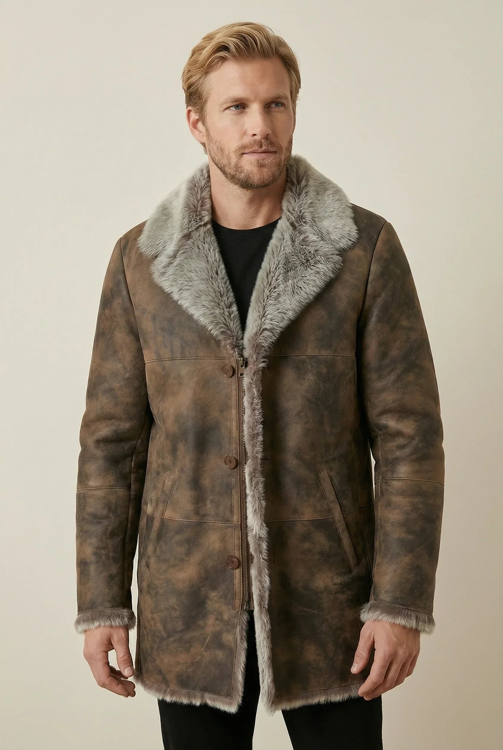 Shearlord Toscana Sheepskin shearling coat displayed against a soft neutral background, showcasing its luxurious texture and detail.
