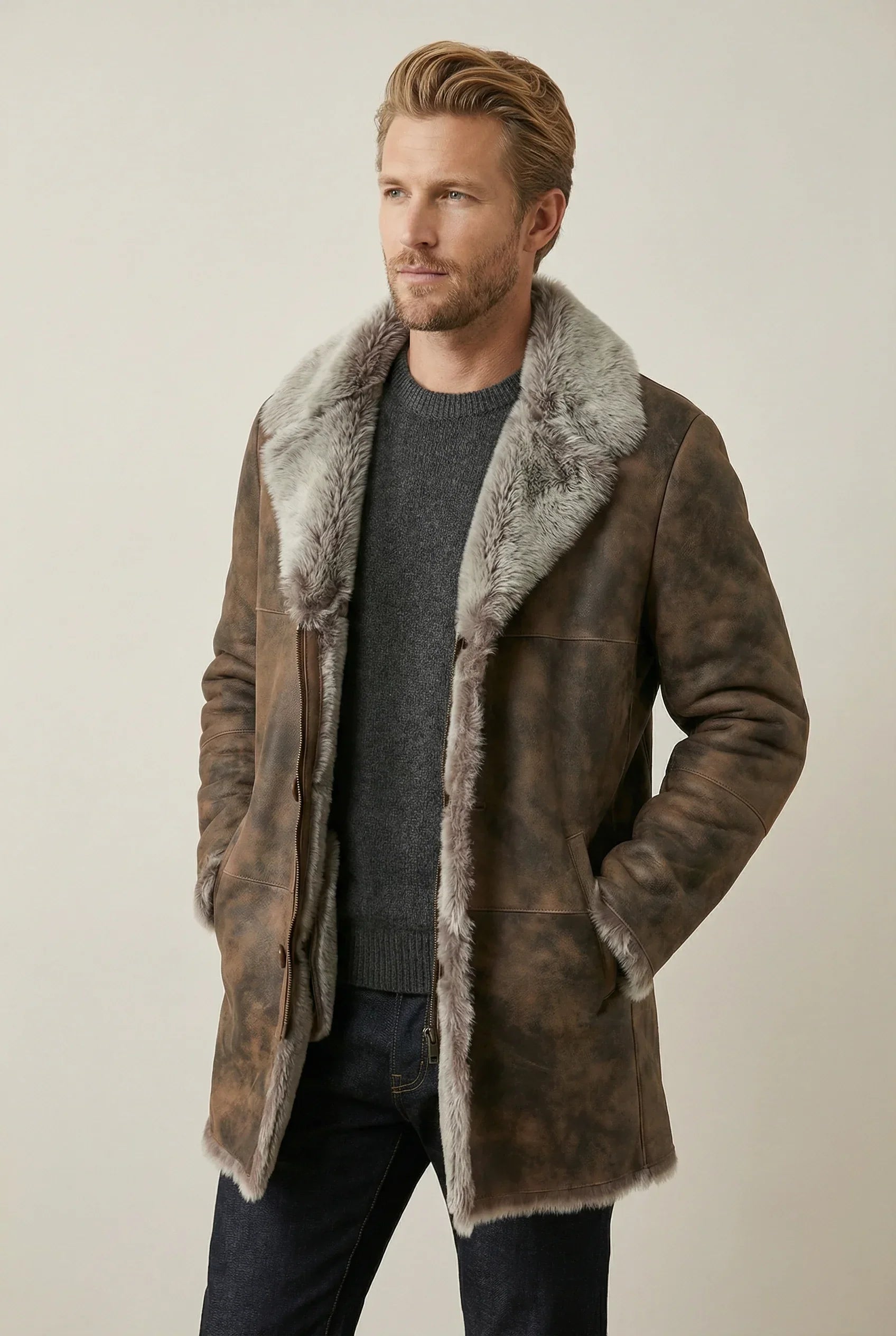 Shearlord Toscana Sheepskin shearling coat displayed in a soft neutral studio background with warm lighting.