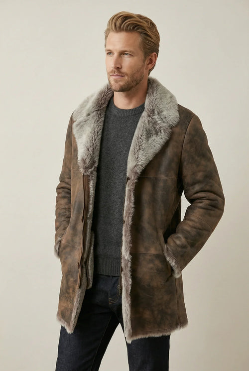 Shearlord Toscana Sheepskin shearling coat displayed in a soft neutral studio background with warm lighting.