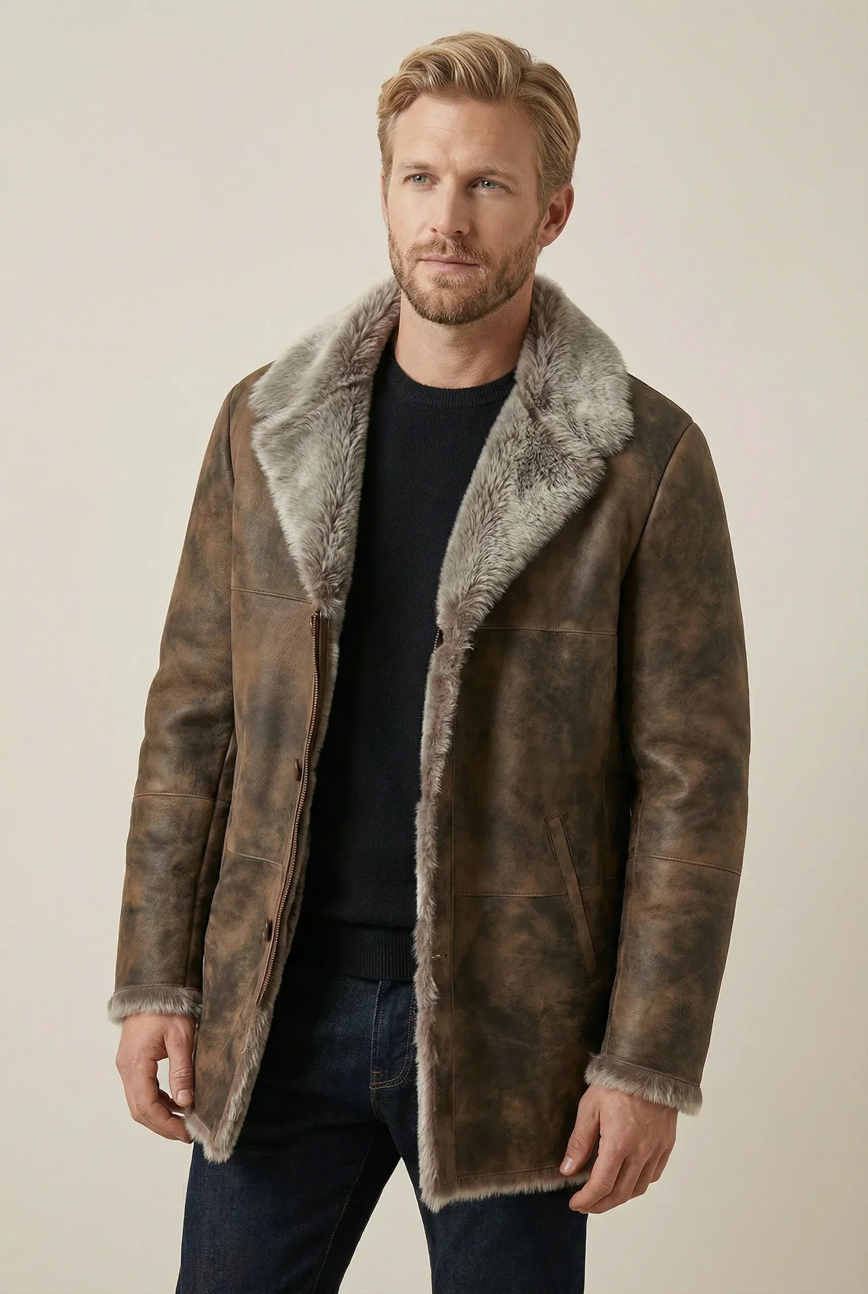 Shearlord Toscana sheepskin shearling coat displayed against a soft neutral background, showcasing its luxurious texture and warmth.