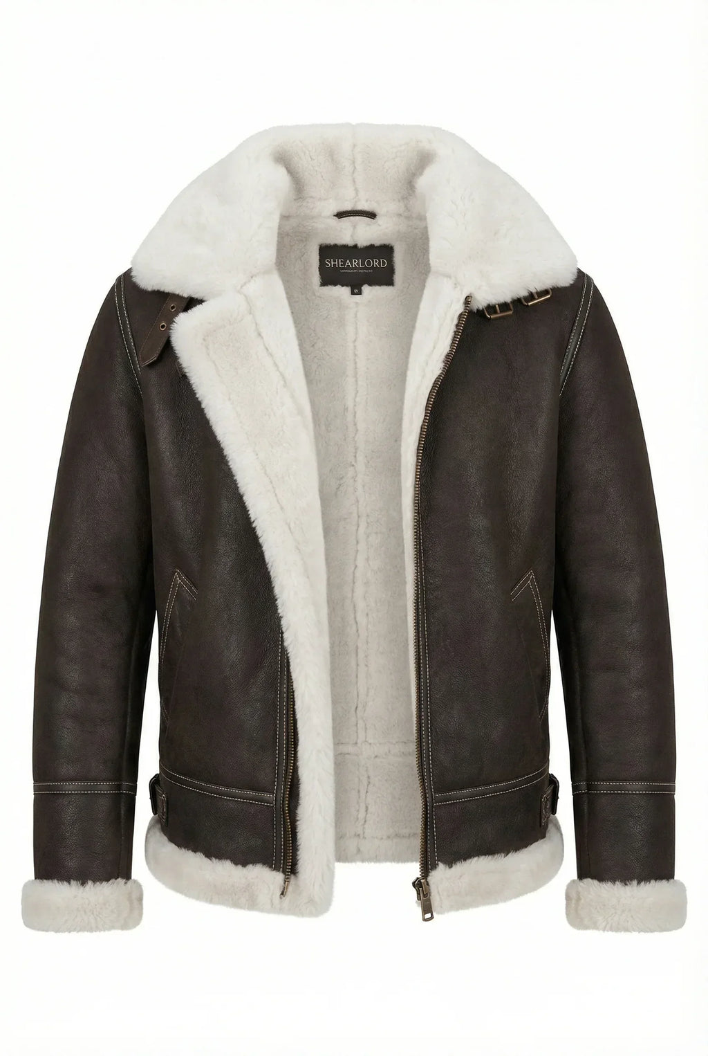 Dark brown Shearlord B-3 bomber jacket with plush white shearling lining, displayed unzipped on a white background.