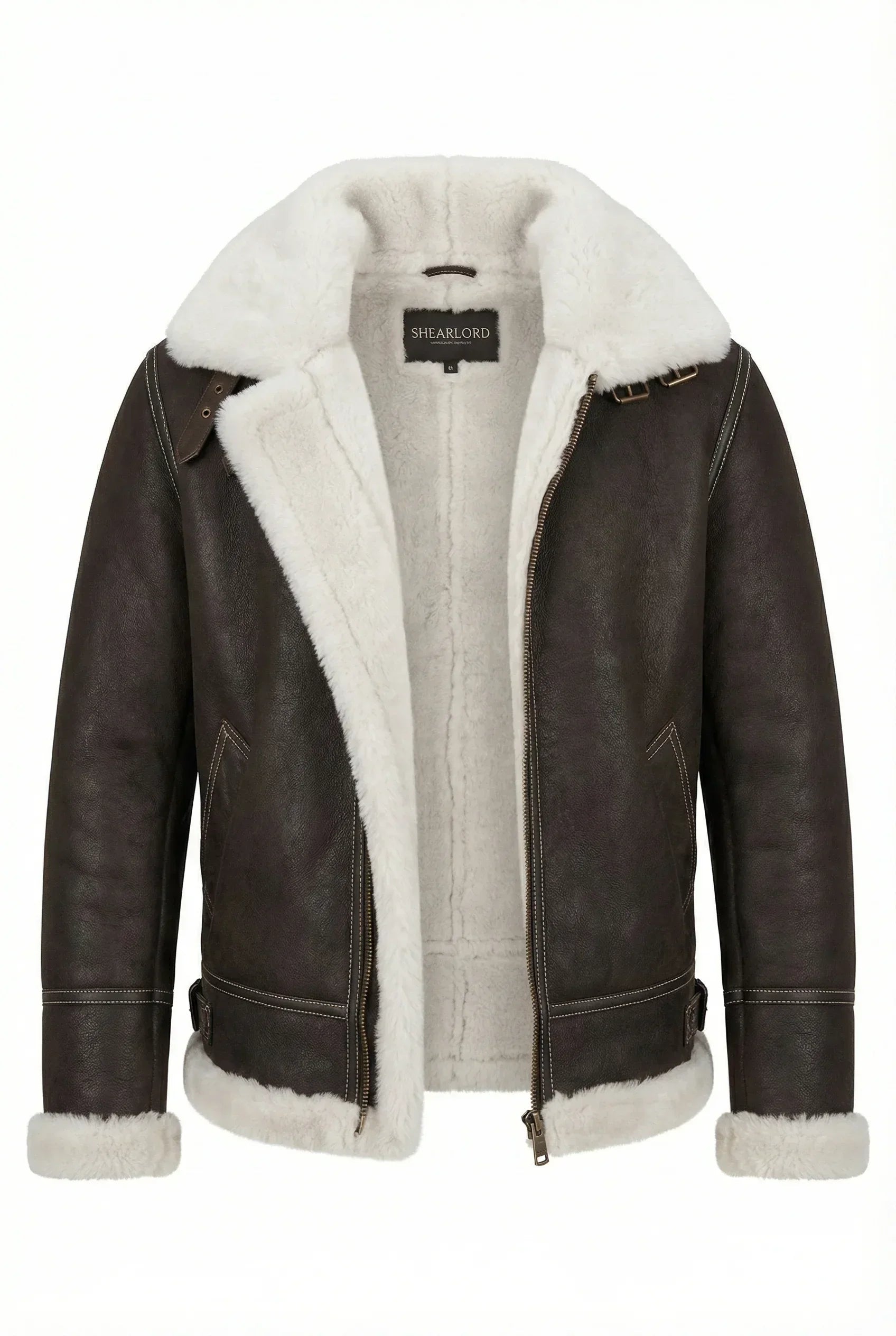 Dark brown Shearlord B-3 bomber jacket with plush white shearling lining, displayed unzipped on a white background.