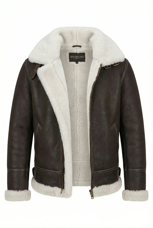 Dark brown Shearlord B-3 bomber jacket with plush white shearling lining, displayed unzipped on a white background.