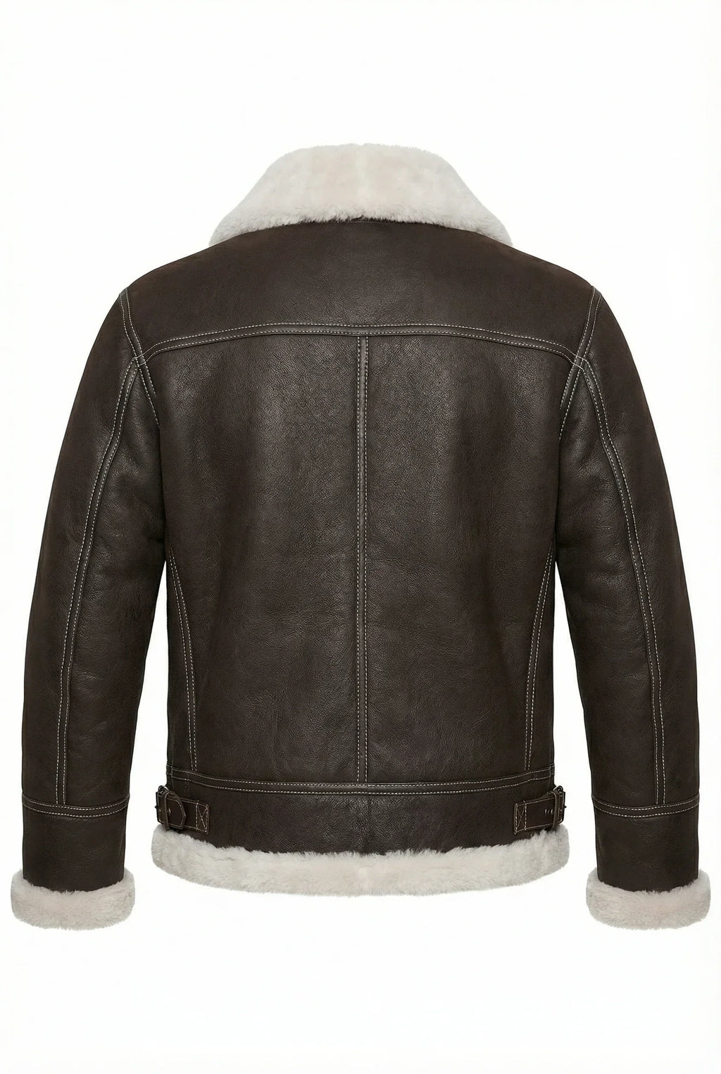Dark brown Shearlord Classic Sheepskin B-3 Bomber Jacket back view on a white background with even lighting.