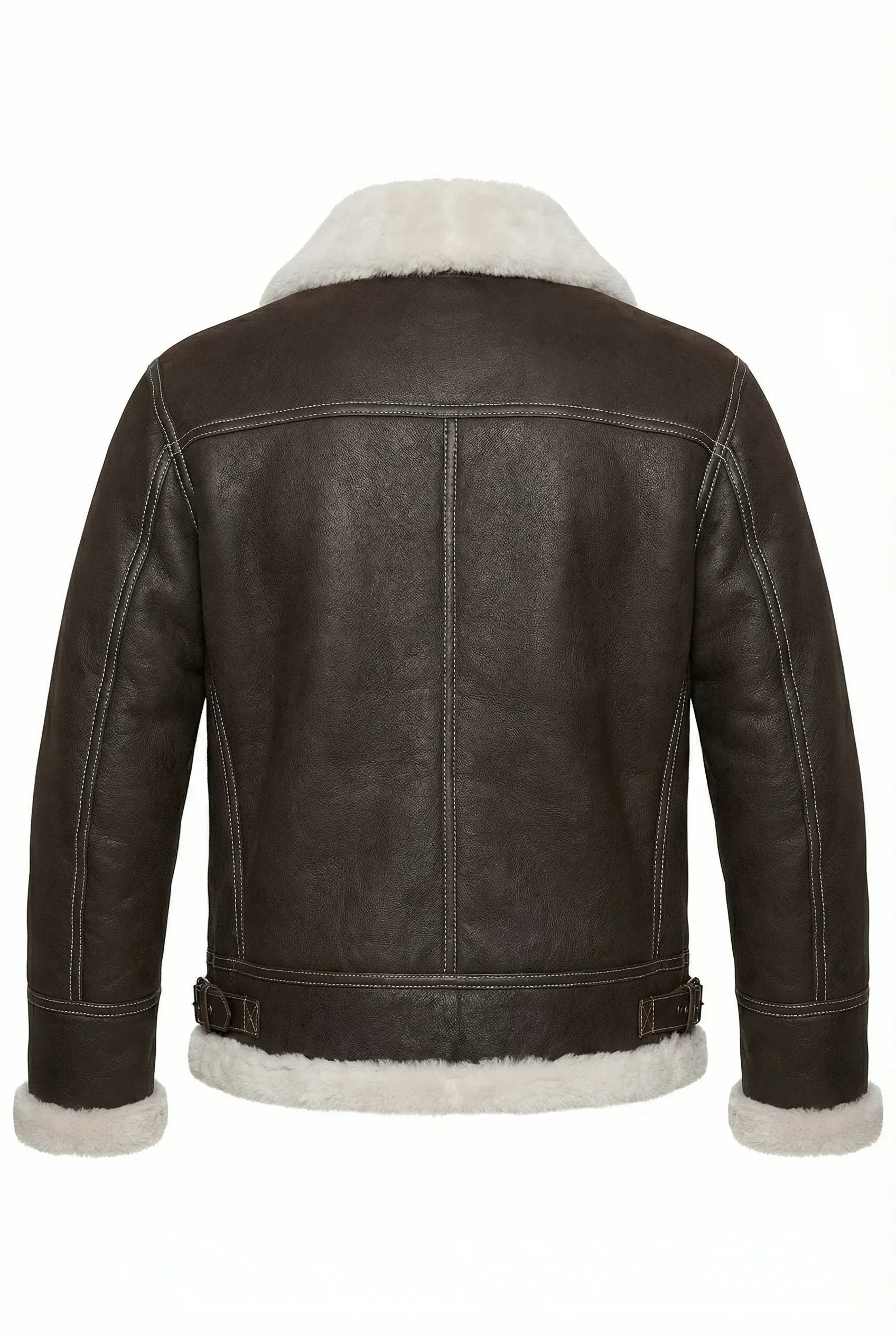 Dark brown Shearlord Classic Sheepskin B-3 Bomber Jacket back view on a white background with even lighting.