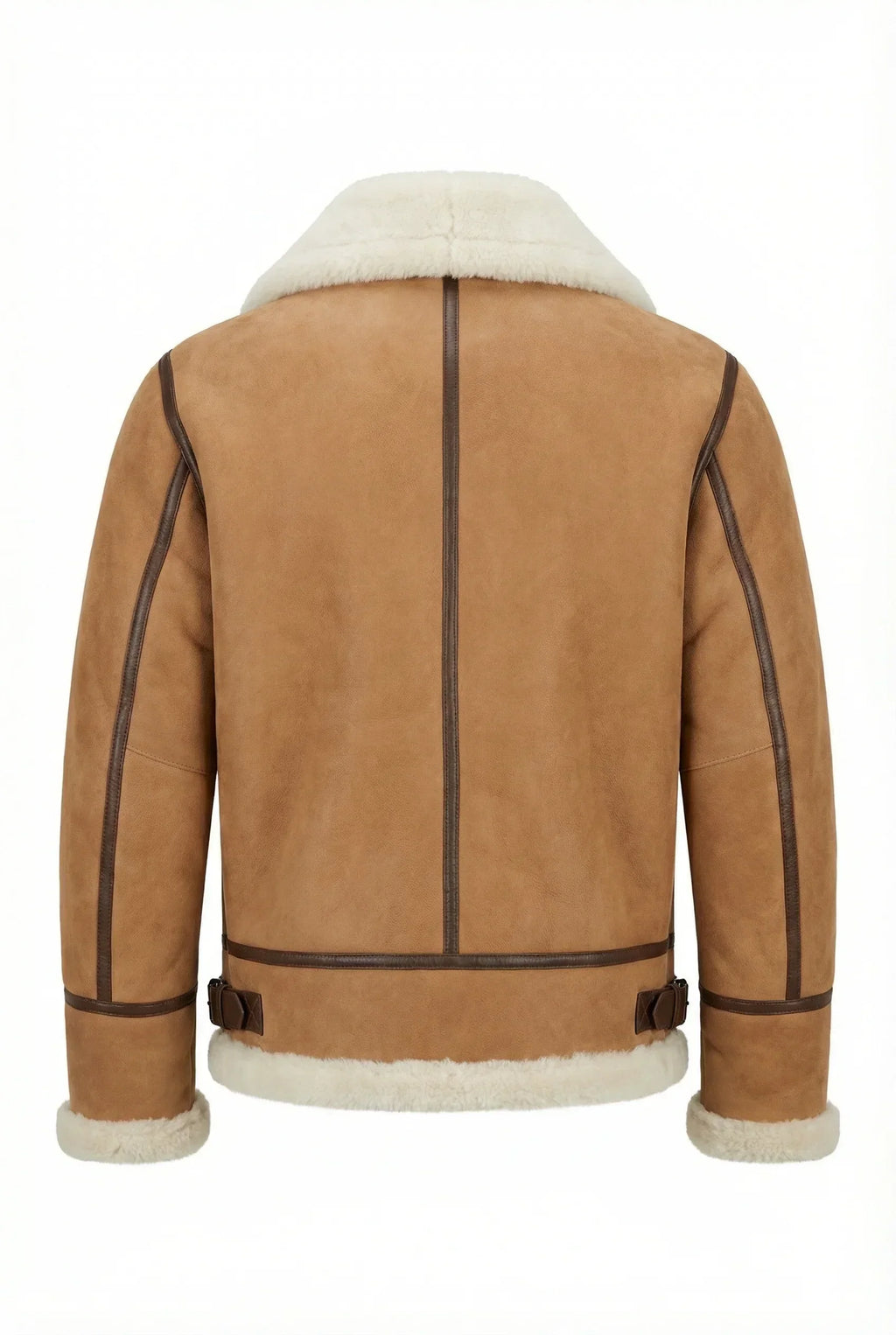 Back view of Shearlord whiskey cream B-3 Bomber Jacket in sheepskin shearling on a white background.