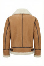 Back view of Shearlord whiskey cream B-3 Bomber Jacket in sheepskin shearling on a white background.